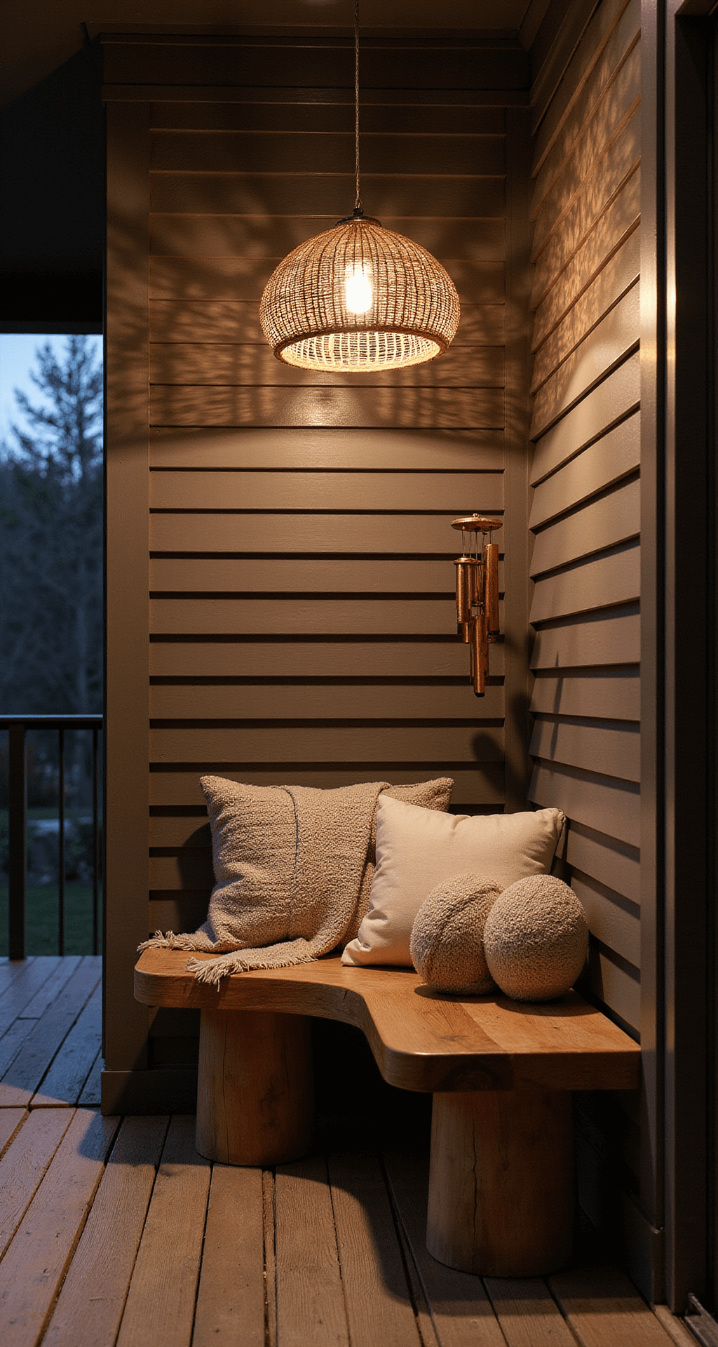 A twilight image of a narrow porch featuring a eucalyptus wood bench against slatted walls, an oversized woven pendant casting shadows, copper wind chimes, and textured neutral pillows and throw, all illuminated by moody evening lighting.