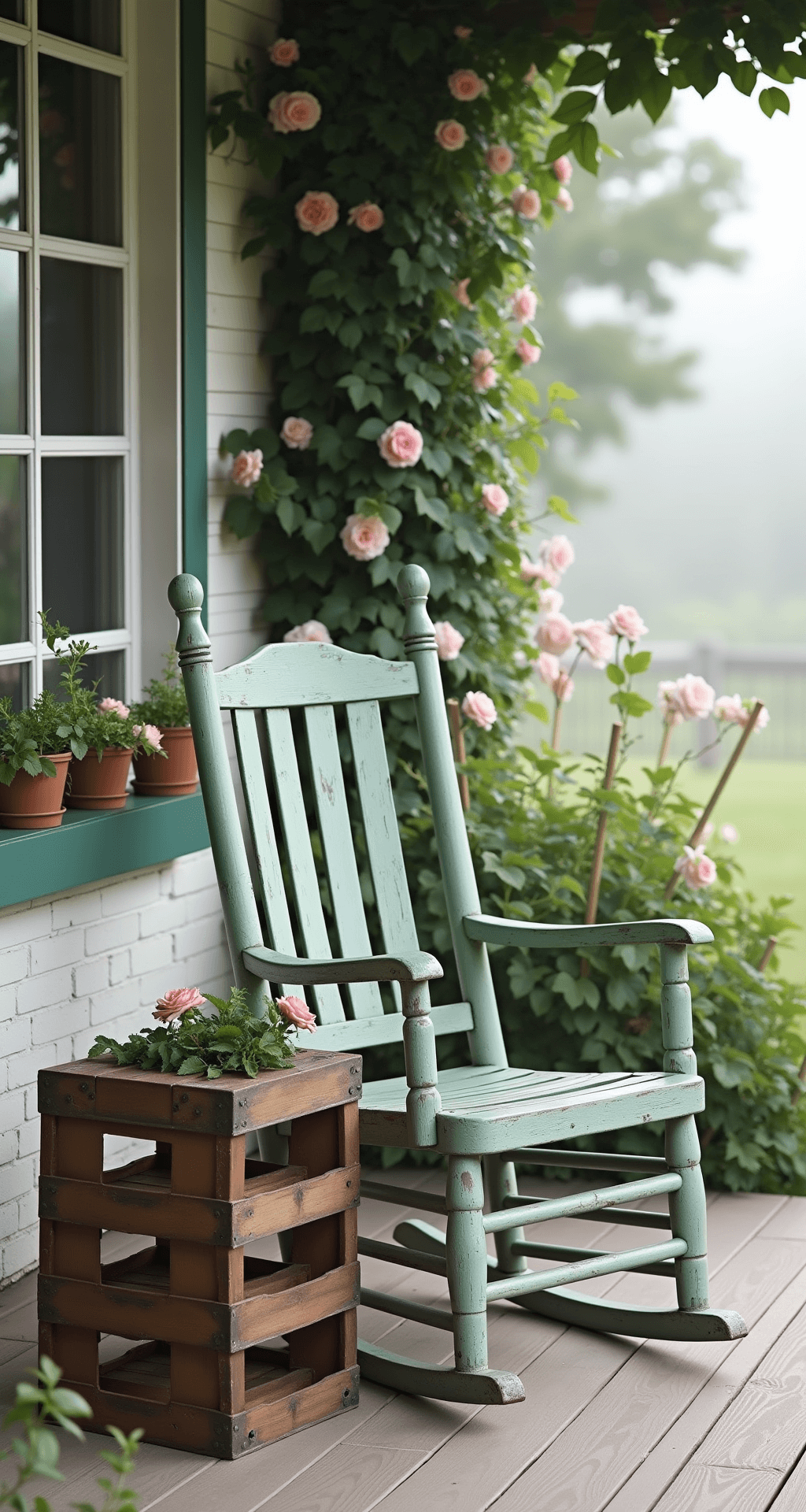 Early morning scene of a 5x6ft cottage porch with a vintage sage green rocking chair, whitewashed brick backdrop adorned with climbing roses, and repurposed milk crates as side tables, all enveloped in soft morning mist and natural diffused lighting.