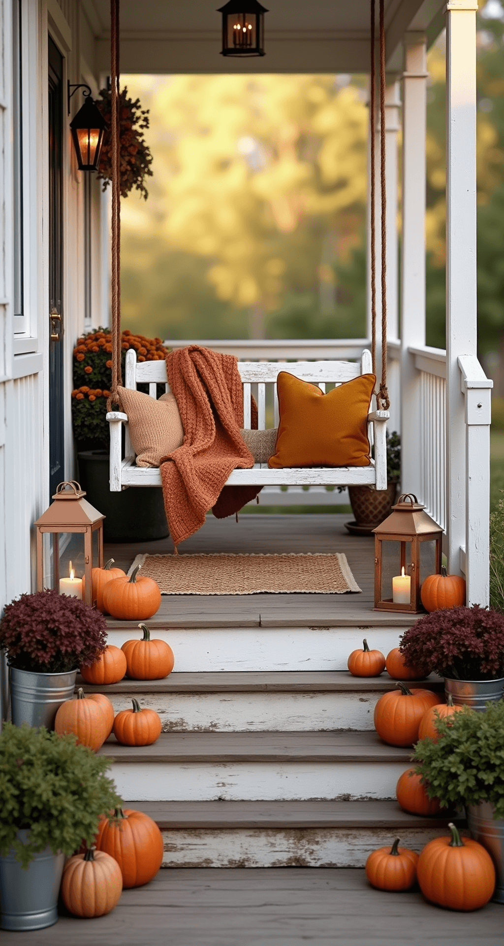 A warm farmhouse porch at golden hour, featuring a wooden swing with cozy throws and pillows, layered rugs, heirloom pumpkins on reclaimed steps, copper lanterns, and overflowing planters with fall flowers, all captured with a dreamy bokeh background.