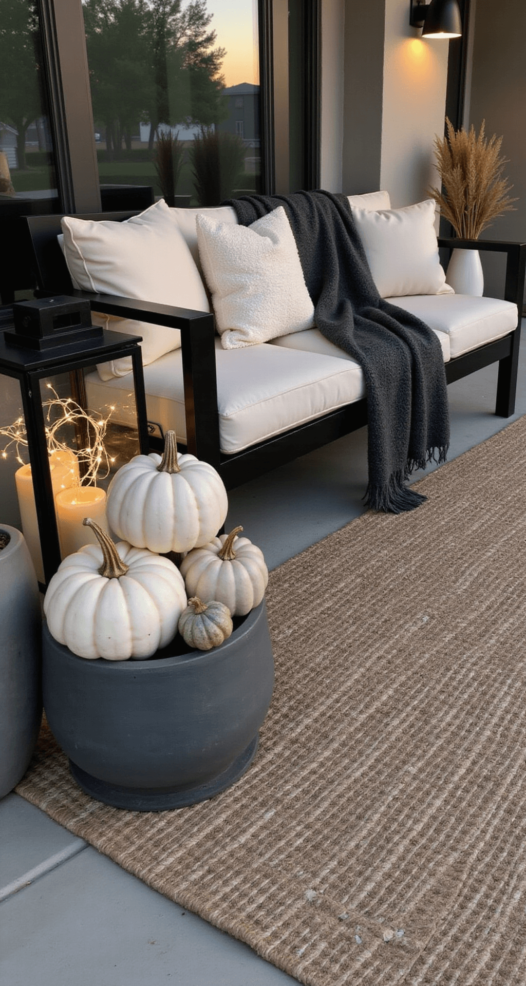 A modern minimalist porch at dusk featuring sleek black metal seating with cream bouclé cushions, geometric arrangements of white and pale grey pumpkins in concrete planters, matte black lanterns with warm white string lights, a basketweave greige outdoor rug, and ceramic vessels with dried pampas grass, all illuminated by soft artificial lighting.