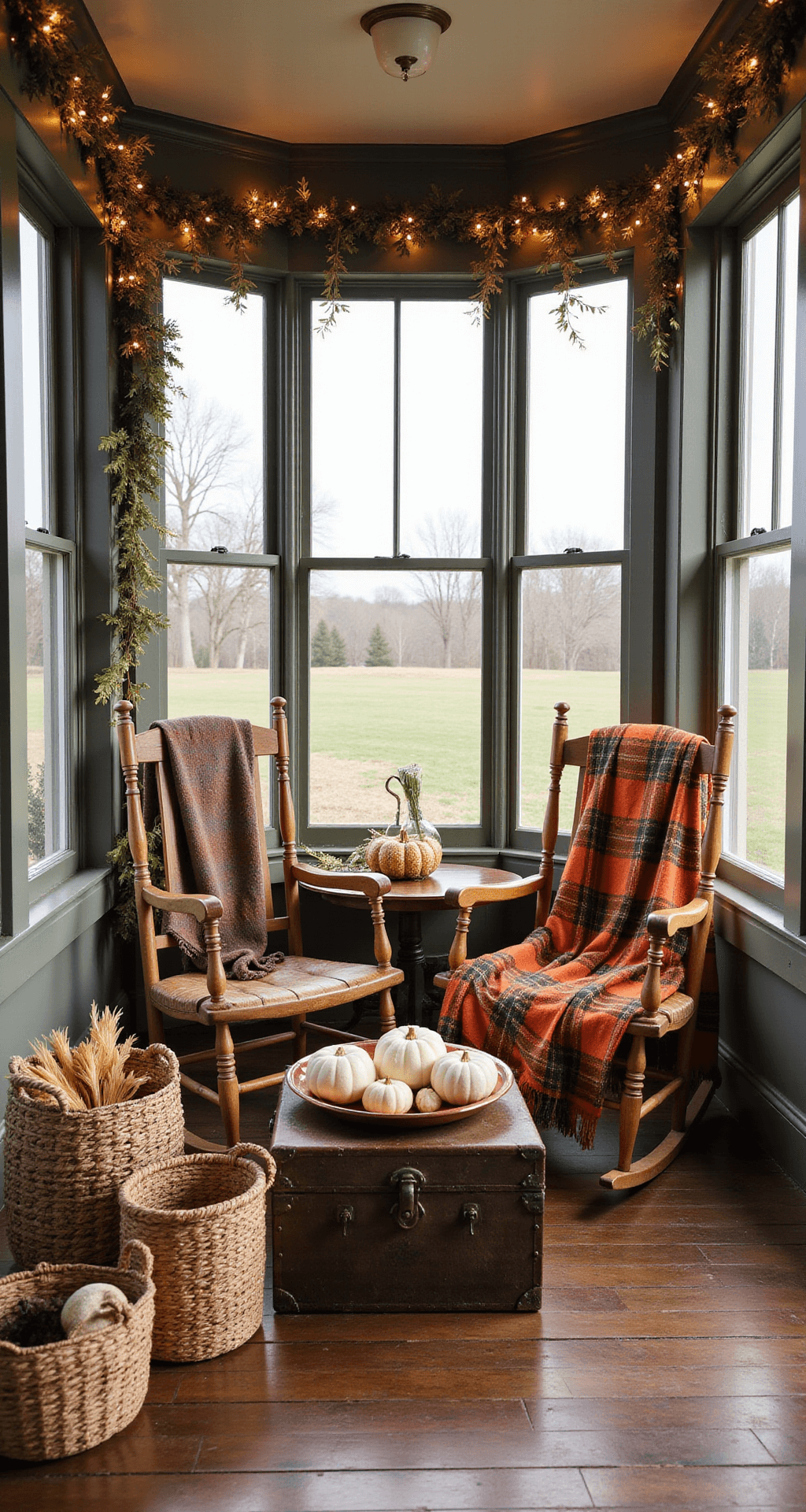 A cozy Victorian porch nook at dawn, featuring antique rocking chairs with plaid blankets and a weathered trunk coffee table adorned with white pumpkins and oak leaves, surrounded by fairy lights and faux autumn decor.