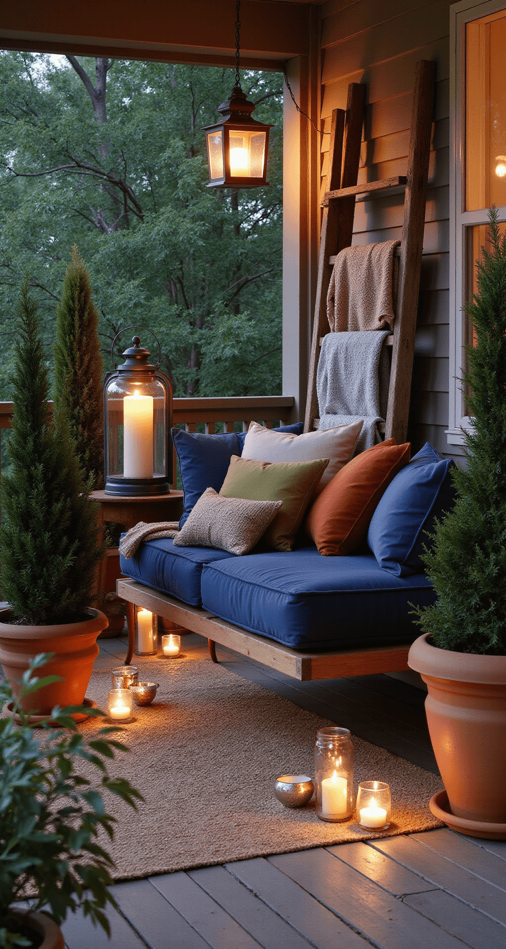 Cozy porch vignette at blue hour featuring a hanging daybed with colorful pillows, warm candlelight from hurricane lanterns, potted cypress trees, a vintage ladder displaying throws, scattered mercury glass votives, and a natural jute rug, all captured in soft, magical lighting.
