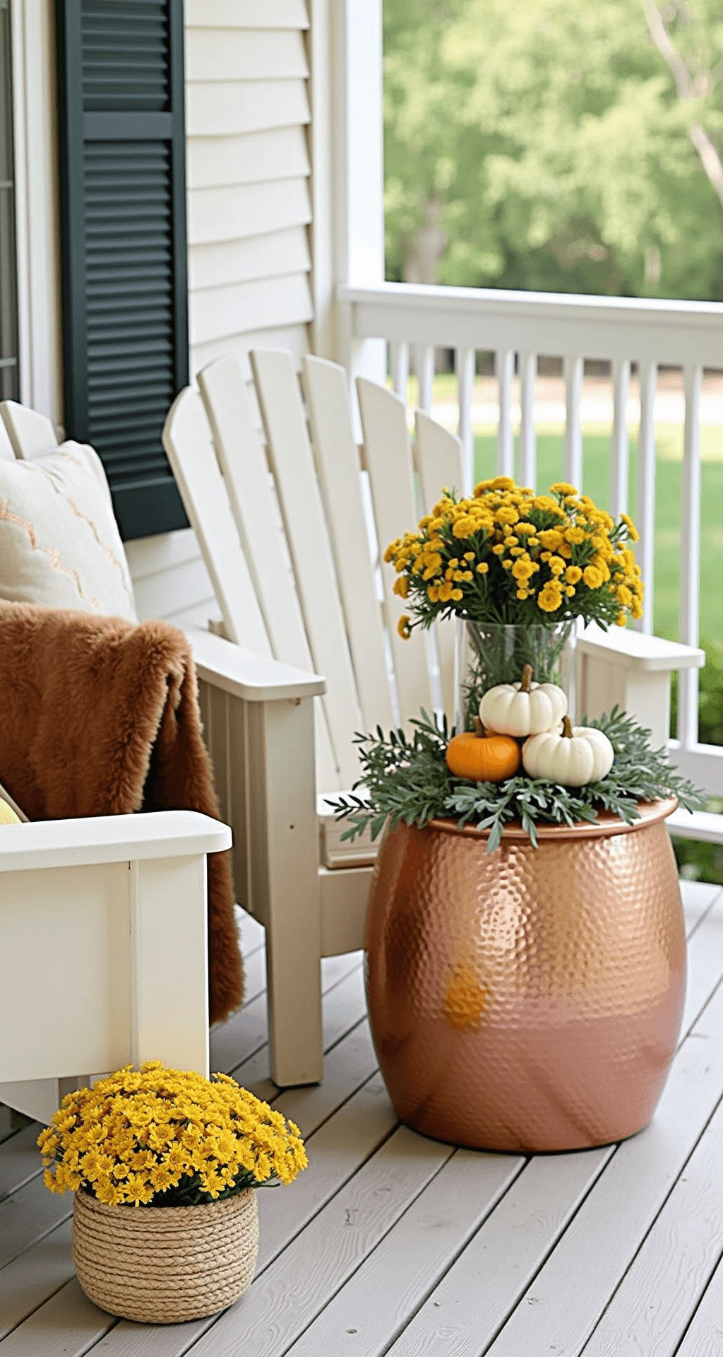 A cozy elevated front porch scene featuring two cream-colored Adirondack chairs with cognac brown faux fur throws, a round hammered copper side table adorned with mini pumpkins and eucalyptus, and woven water hyacinth baskets filled with golden mums, all captured from eye level for an intimate perspective.