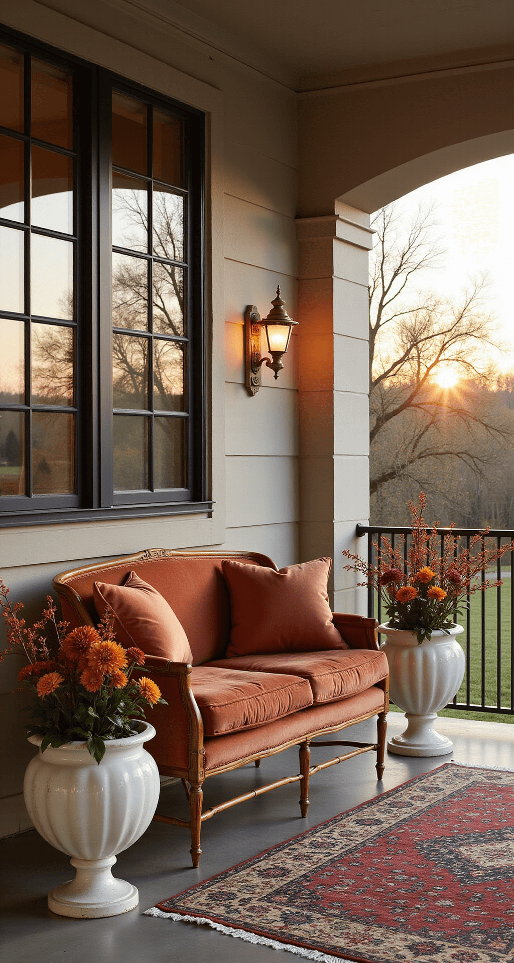 A sunset scene of a sophisticated covered porch featuring a vintage bamboo settee in mulled wine velvet, copper silk pillows, and warm brass floor lamps, with white ceramic urns full of dahlias and autumn branches, all on an aged Persian rug in jewel tones, captured in natural backlight.