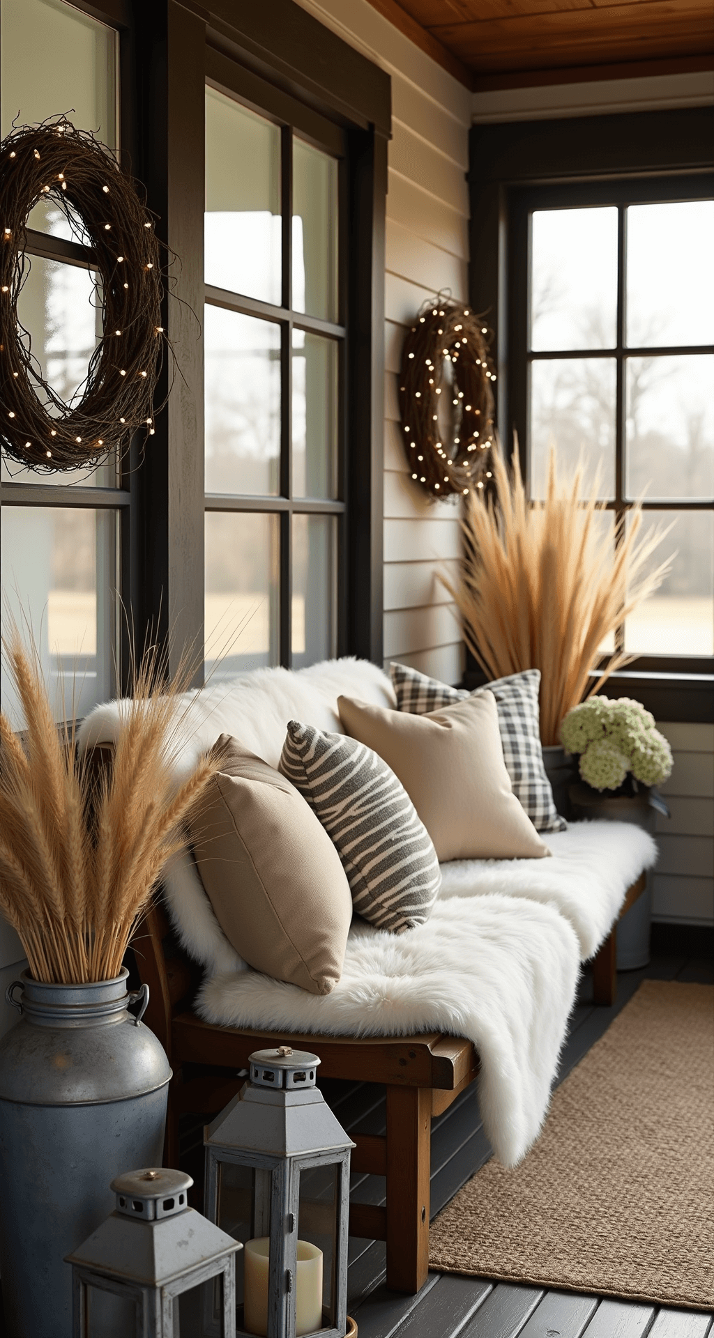 A rustic screened porch in afternoon light features a raw wood bench with sheepskin throws and earthy canvas pillows, distressed metal lanterns clustered in corners, grapevine wreaths with tiny white lights on windows, and galvanized buckets filled with dried hydrangeas and wheat stalks, all highlighted by a wide-angle view that showcases the ceiling height and cross-breeze potential.
