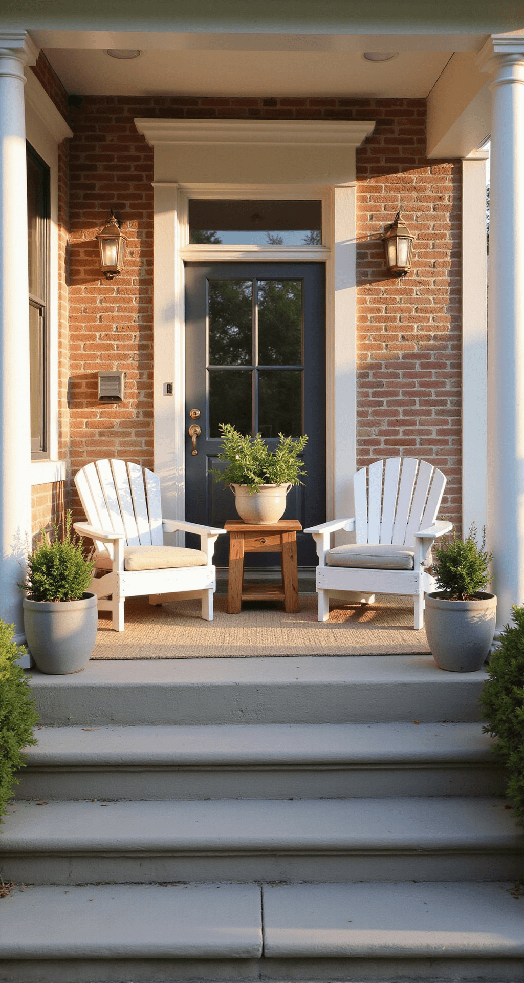 A wide-angle view of a welcoming covered front porch at golden hour, featuring white Adirondack chairs with neutral cushions flanking a teak side table, framed by whitewashed brick columns and warm light from brass lanterns, all on a stone floor with a vintage-style outdoor rug and empty ceramic planters in a muted grey and cream color palette.