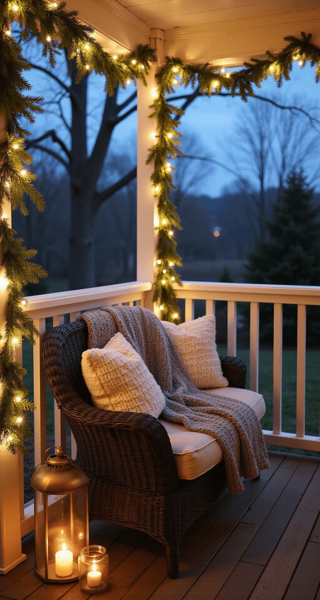 An intimate winter porch scene at twilight, featuring fresh cedar garlands on white-painted railings, warm white string lights, a dark wicker loveseat with chunky knit throw blankets, and mercury glass lanterns with flickering candles, all set against a blue hour sky.
