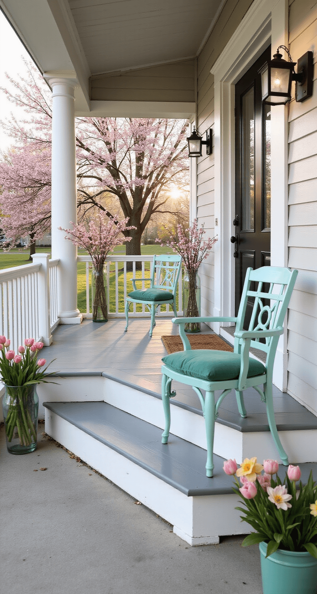 A serene spring porch bathed in morning light, featuring a wraparound design with pale pink cherry blossoms in glass vases, vintage robin's egg blue chairs with mint green cushions, and potted tulips and daffodils on whitewashed steps, all captured from an elevated angle.