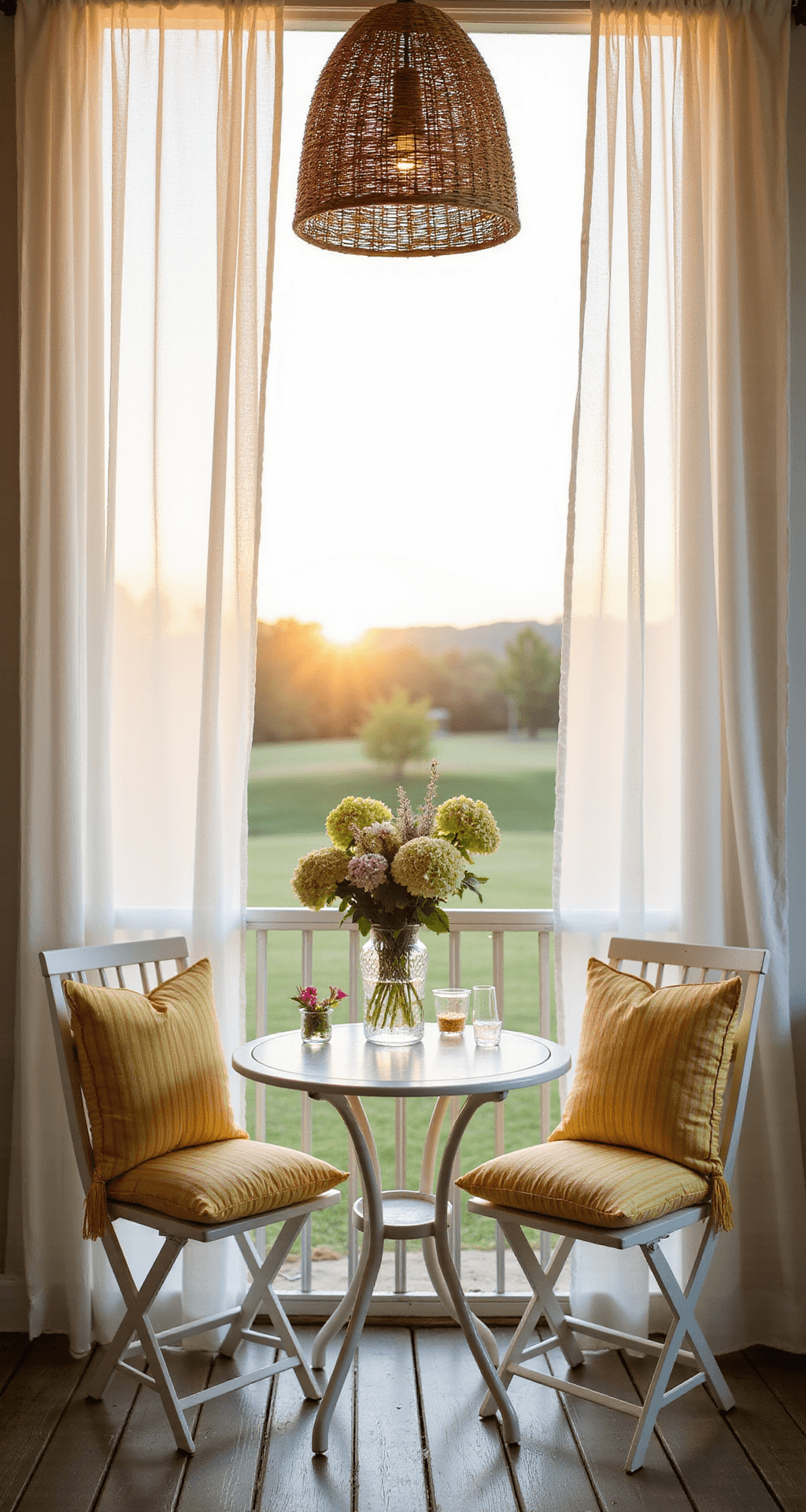 A cozy summer porch breakfast nook at sunrise featuring a white bistro set with yellow-striped cushions, a crystal vase of fresh hydrangeas and wildflowers, fluttering gauzy white curtains, and a rattan pendant light, all illuminated by backlit glow.