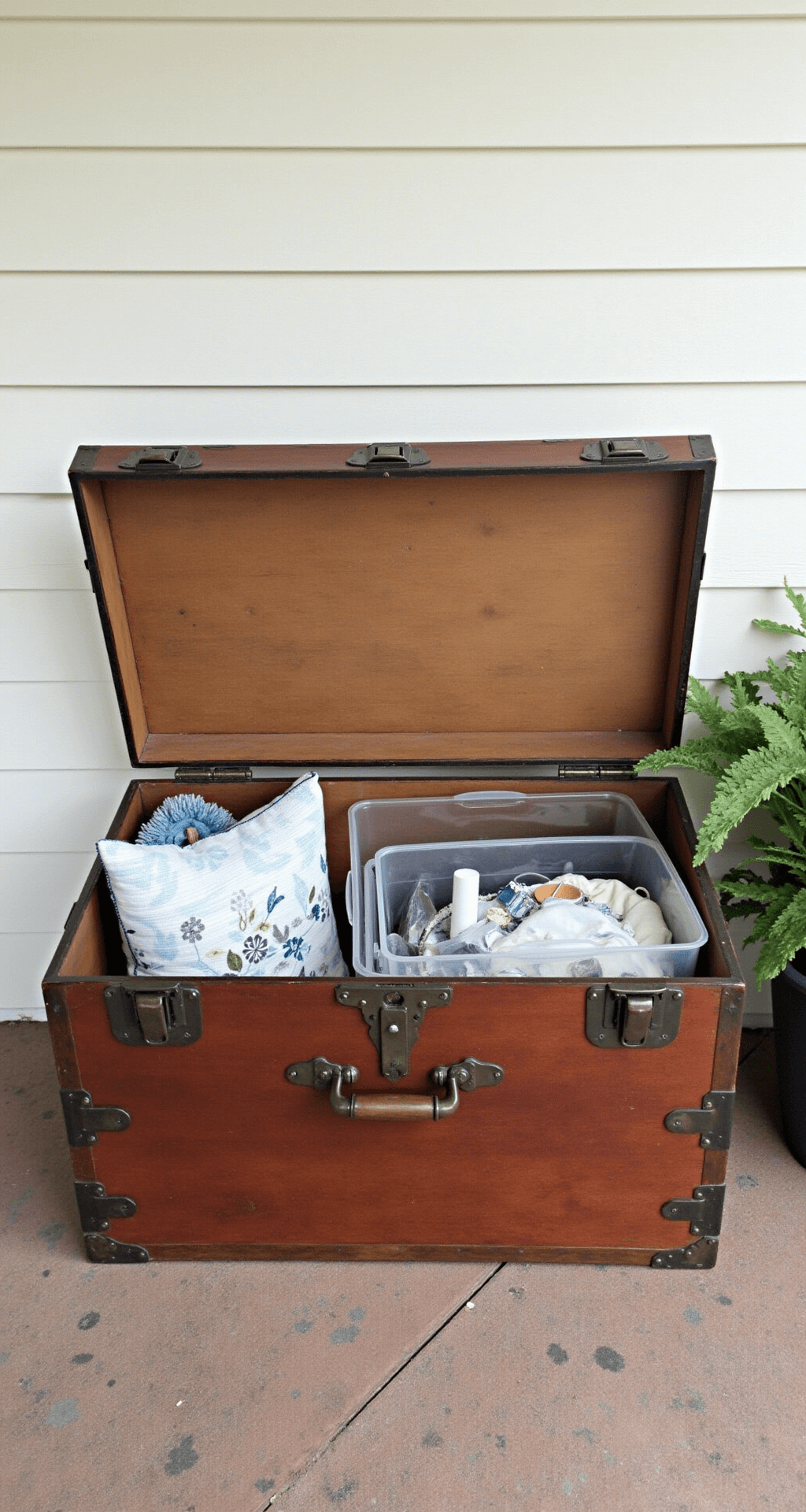 Antique wooden trunk with an open lid revealing organized wreaths and decor items in clear storage bins, staged on a porch with white shiplap walls, captured in soft natural light.