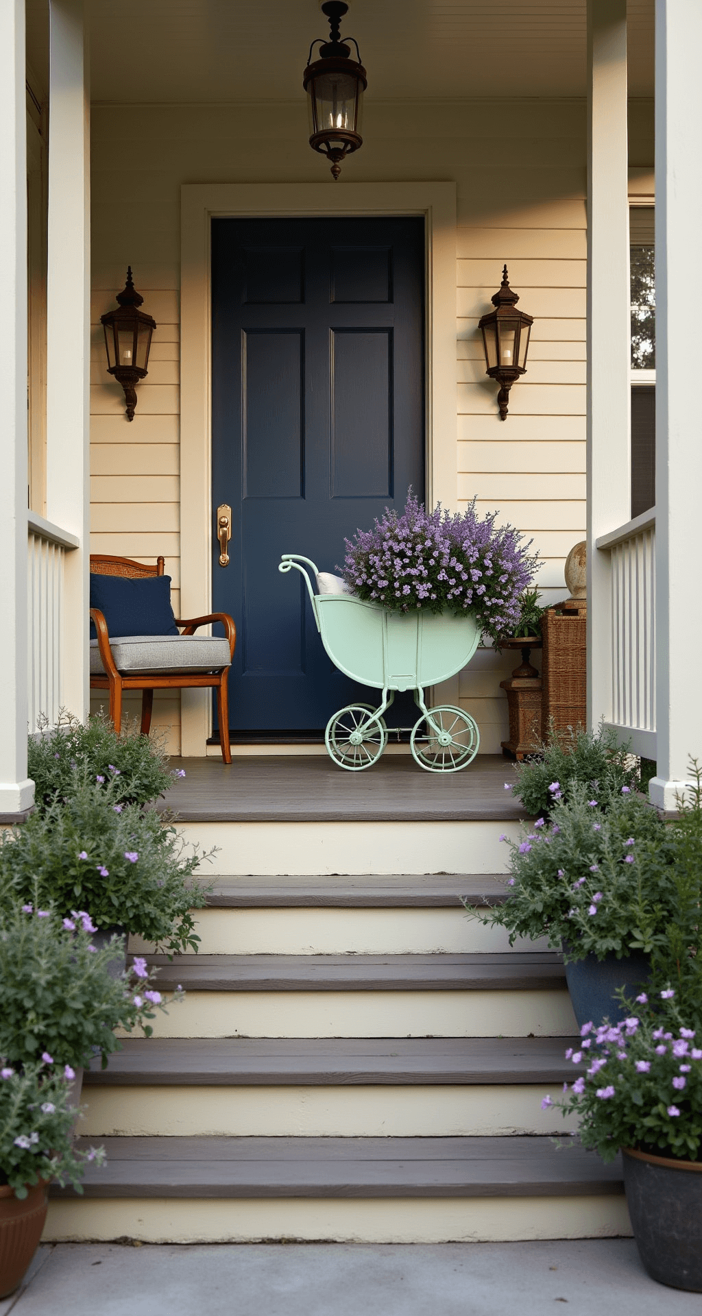 A grand farmhouse porch with a vintage mint-green baby carriage overflowing with purple petunias and silver dichondra, captured at golden hour from a low angle, showcasing weathered wood flooring, cream-colored walls, mismatched copper lanterns, a glossy navy blue door, Victorian corbels as plant stands, and natural rattan furniture with indigo cushions, all enhanced by soft, directional lighting and an atmospheric haze.