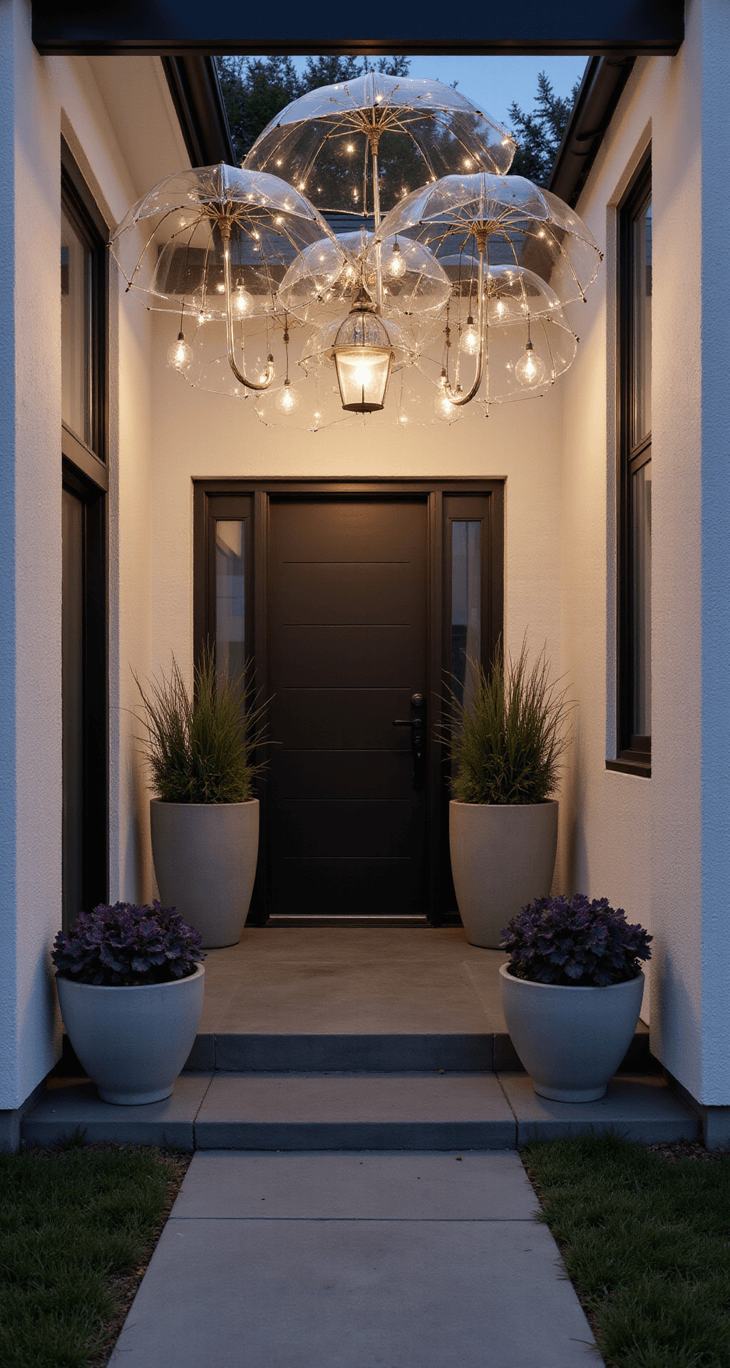 Intimate modern porch at dusk featuring dramatic lighting from suspended glass umbrellas filled with warm LED fairy lights, sleek charcoal tiles, white stucco walls, a matte black door, and minimalist concrete planters with deep purple ornamental cabbages.
