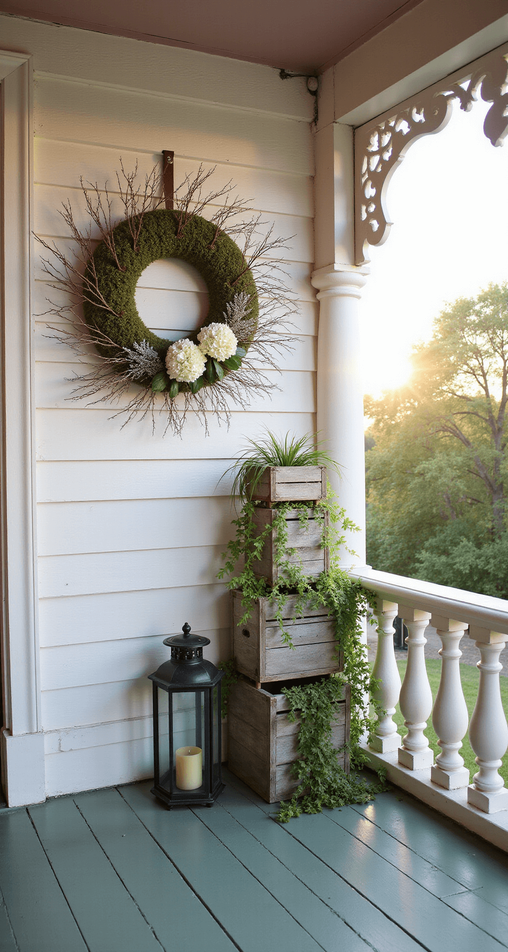 A wraparound Victorian porch at sunrise, featuring an elaborate asymmetrical wreath with preserved moss and white hydrangeas, vintage wooden crates with trailing plants, ornate white spindles, sage green decking, and a blush pink ceiling, illuminated by morning light with mercury glass and black metal lanterns.