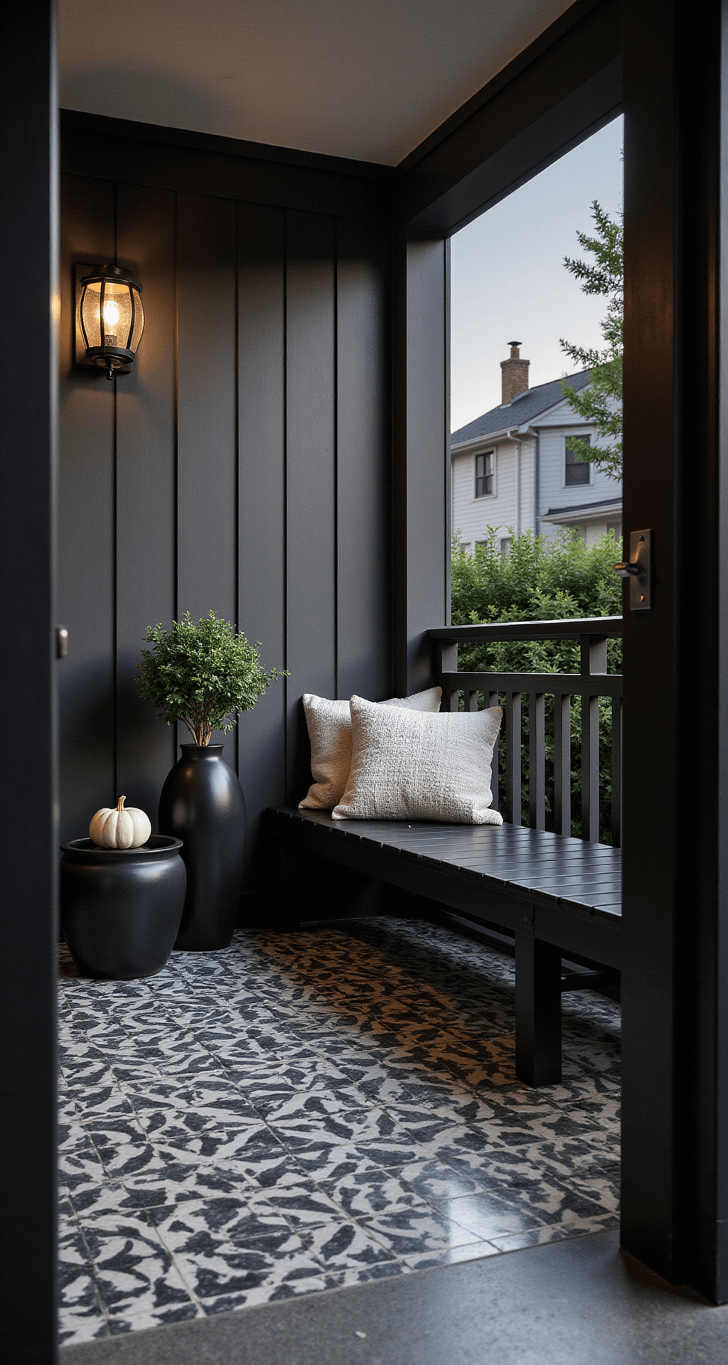 A contemporary covered porch at twilight, viewed from the interior through a doorway, featuring monochromatic decor with matte black planters, white pumpkins, and chrome accents. The geometric tile flooring contrasts sharply, while oversized modern sconces cast dramatic shadows. Textured white throw pillows adorn a sleek black bench, and glass windchimes add subtle movement, all illuminated by moody ambient lighting and architectural uplighting.