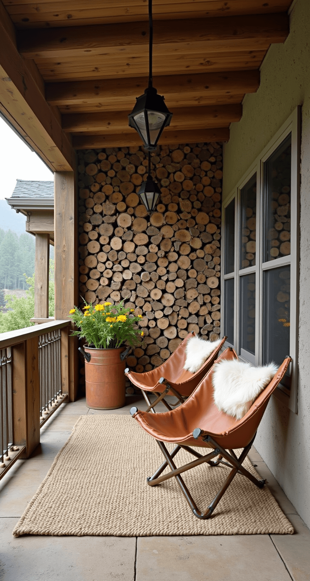 Rustic mountain porch viewed from above, featuring stacked firewood wall, vintage copper watering can planters with croton plants, stone flooring, timber beam ceiling, woven jute rug, leather butterfly chairs with sheepskin throws, all illuminated by natural light.