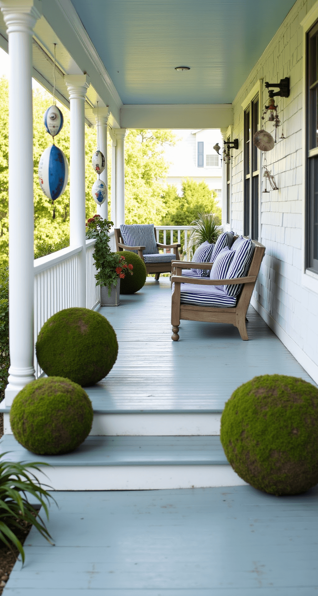 Coastal cottage porch bathed in soft afternoon light, featuring oversized moss-covered spheres on whitewashed steps, weathered teak furniture with navy and white striped cushions, shell wind chimes, vintage fishing floats, and a pale blue beadboard ceiling, all leading toward the entrance.