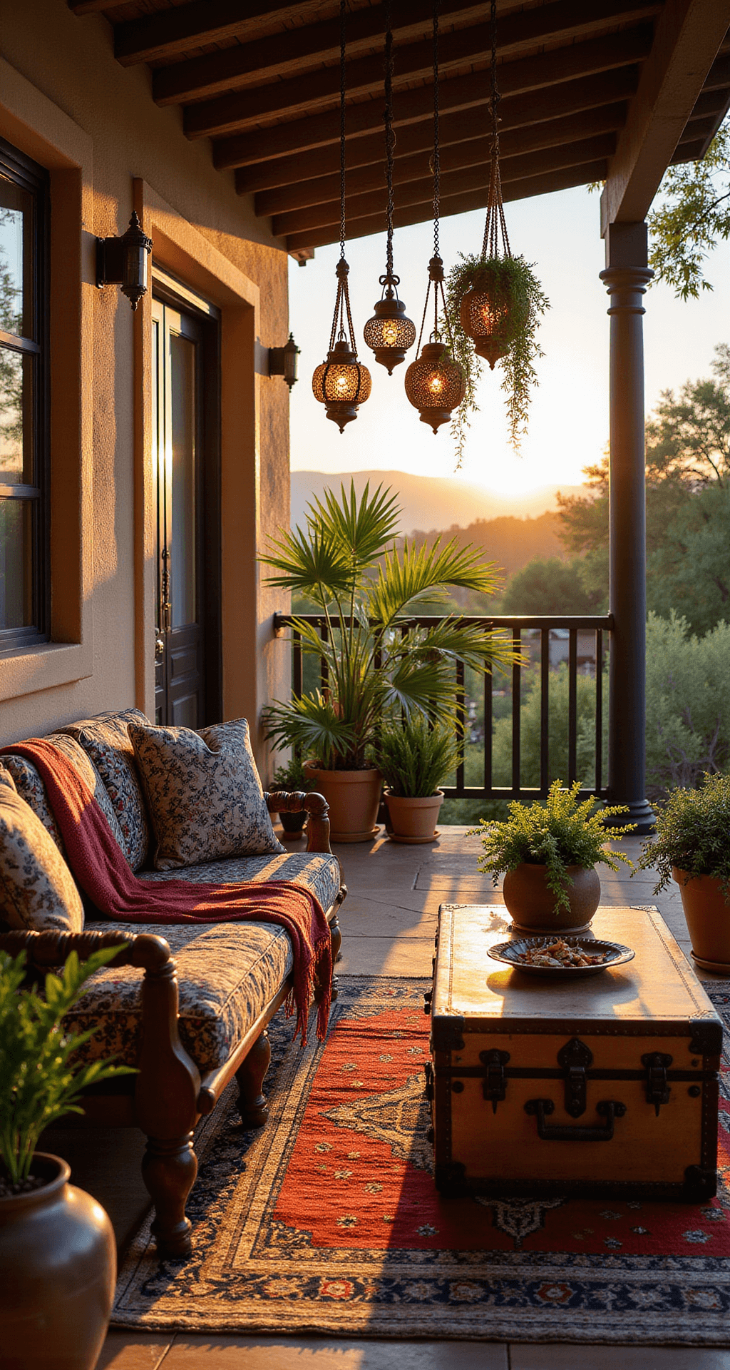 A bohemian side porch at sunset, featuring an eclectic mix of Moroccan lanterns casting magical light patterns, a vintage trunk as a coffee table, jewel-toned textiles, macramé plant hangers with trailing vines, terracotta tiles, a natural fiber rug, and copper accents, all captured from a diagonal angle emphasizing the interplay of light and shadow.