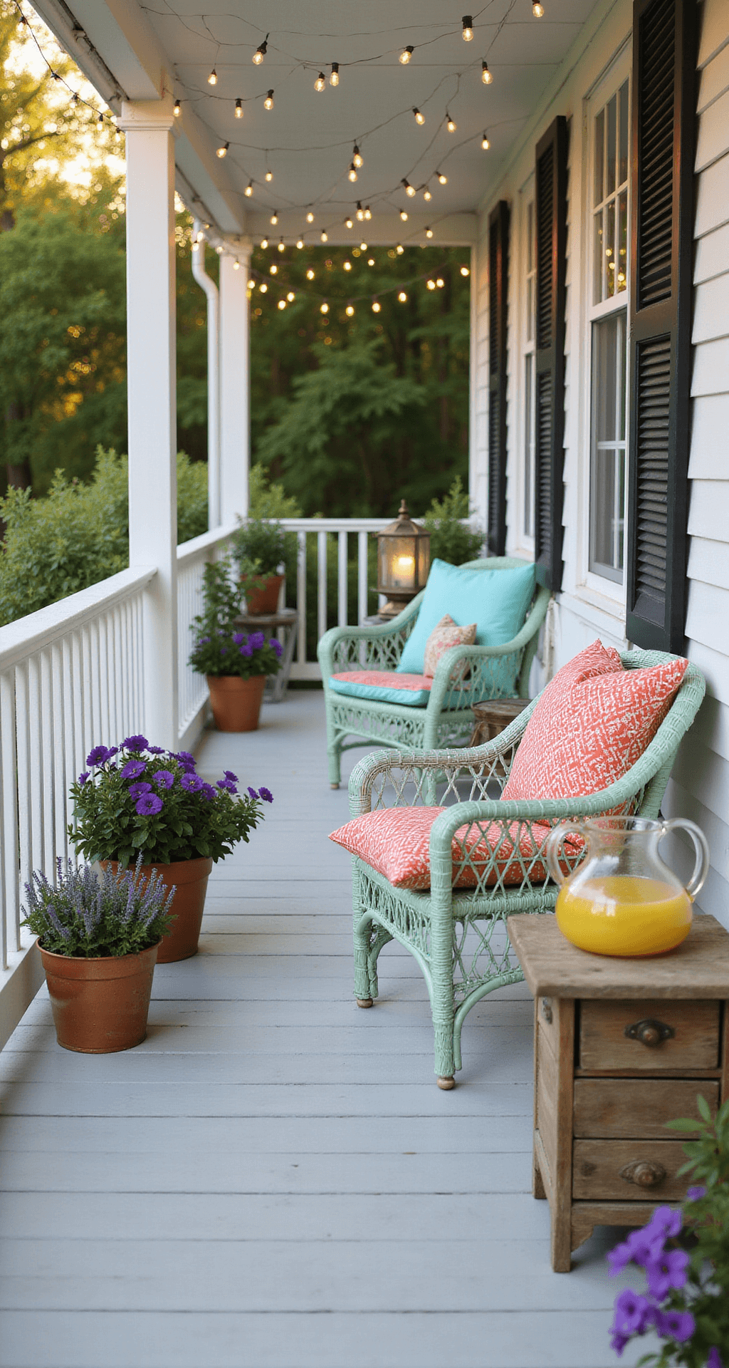 A sunlit front porch featuring a white wooden deck with vintage mint-green rattan furniture, brass lanterns with flickering candles, and string lights overhead. Colorful Moroccan-inspired throw pillows adorn the seating, while copper planters overflow with purple petunias and silver dichondra, creating a warm and inviting golden hour atmosphere.
