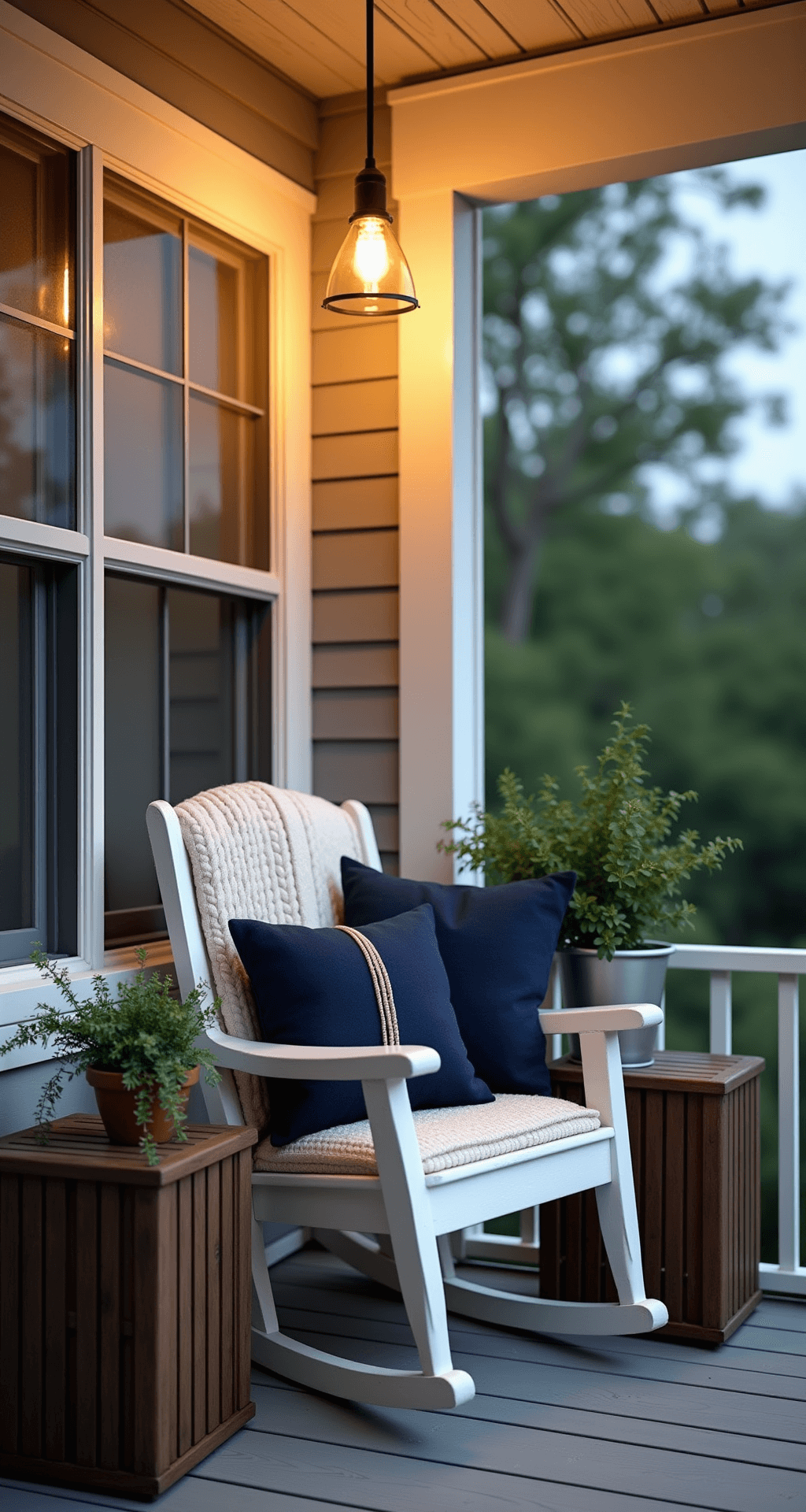 Intimate blue hour porch setting featuring a white Victorian rocker and warm pendant light, with dark walnut crates as side tables, layered textiles, and metallic silver pots of cascading ivy.