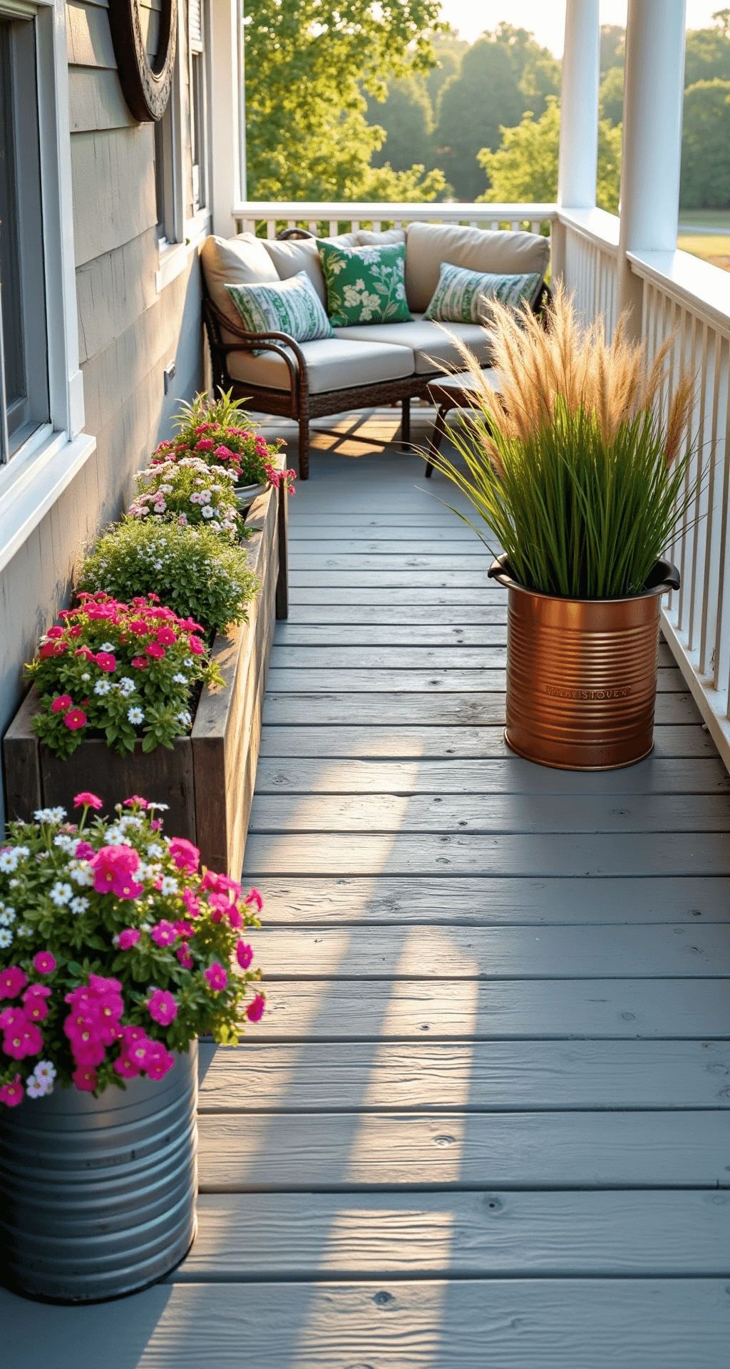 A wrap-around porch bathed in morning light, featuring weathered gray decking, white railings, reclaimed wood planter boxes with pink geraniums and white alyssum, bronze-painted planters with ornamental grasses, wicker seating with botanical cushions, and a vintage metal sign, all highlighted by soft, diffused lighting.