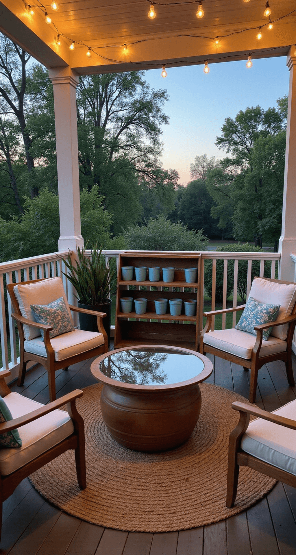 A cozy porch scene at twilight featuring mismatched outdoor furniture painted white, market lights overhead, a ladder shelf with graduated blue terracotta pots, a vintage apple crate coffee table with a glass top, and a natural jute rug, all softly blurred in the background.