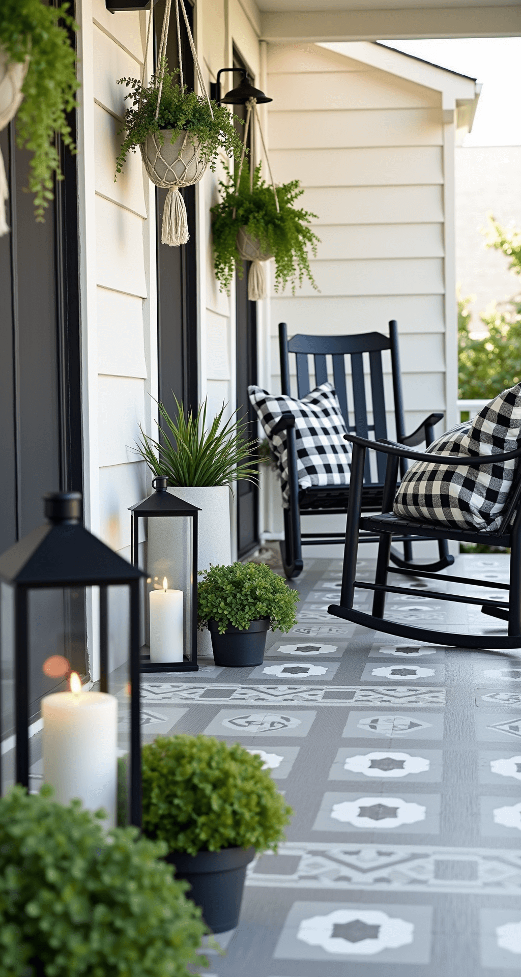 A modern farmhouse porch vignette featuring a cozy 8x8ft sitting area with black metal rocking chairs and buffalo check cushions, DIY concrete planters with architectural succulents, a geometric painted floor in soft gray and white, oversized lanterns with battery-operated candles, and macramé plant hangers with trailing pothos.