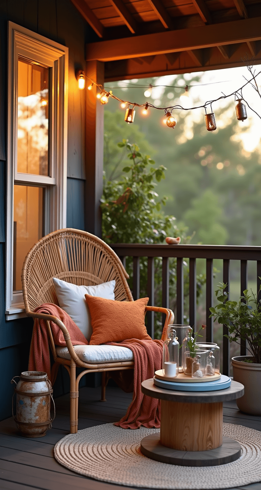 A cozy bohemian porch setup featuring a restored bamboo peacock chair with layered rust and amber throws, a modified wooden cable spool coffee table displaying beach finds under glass, upcycled tin can wind chimes, and a string light canopy, all bathed in warm golden hour lighting.