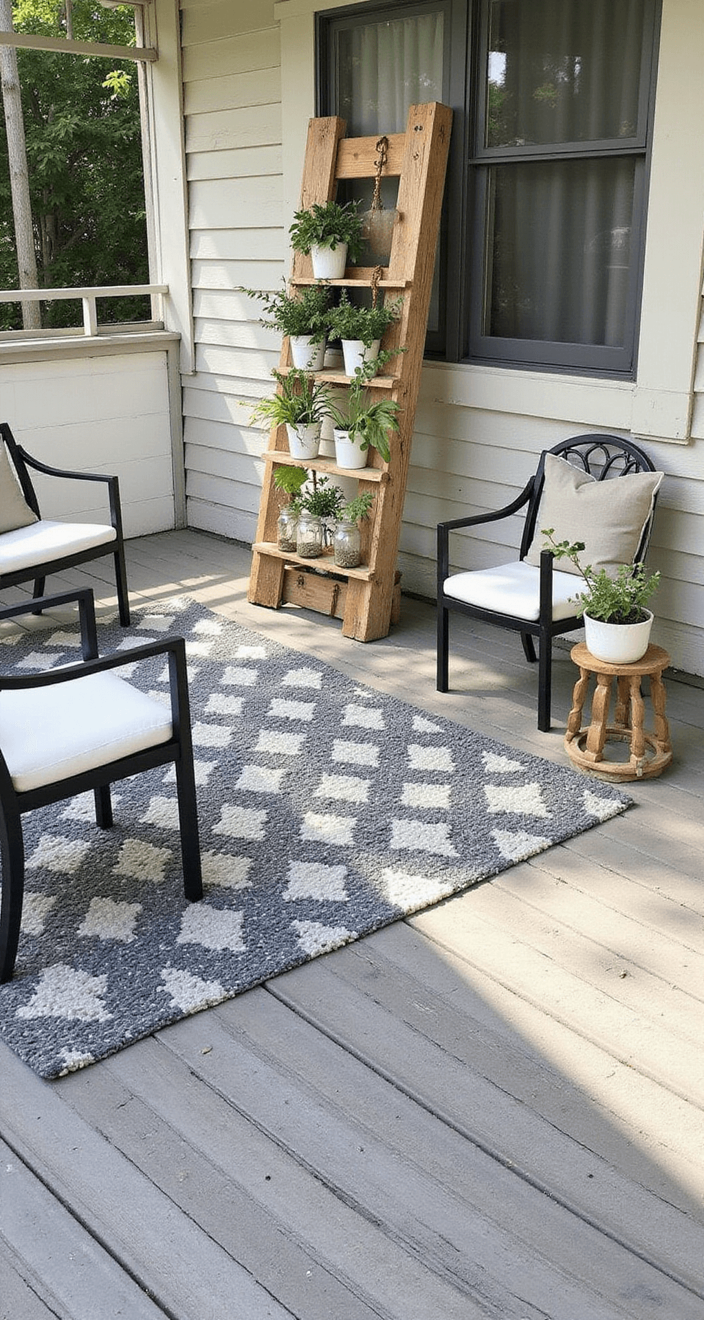 A bird's eye view of a minimalist morning porch scene featuring black metal furniture with white cushions, a wooden ladder with trailing plants in white pots, a DIY herb garden made of mason jars and copper pipes, and a gray and white geometric rug, all illuminated by early morning light creating diagonal shadows on the decking.