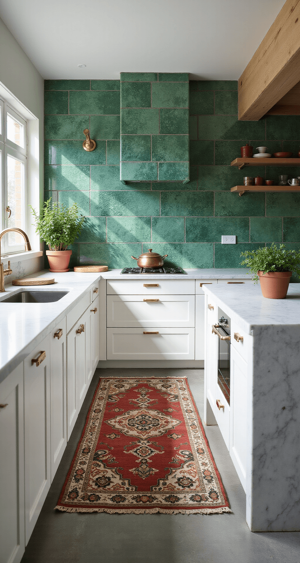 A modern kitchen bathed in morning light, featuring an emerald green Zellige tile backsplash, white oak cabinets, brass hardware, a marble waterfall island, and styled with copper cookware, terracotta pots of fresh herbs, and a vintage Moroccan rug on concrete floors.