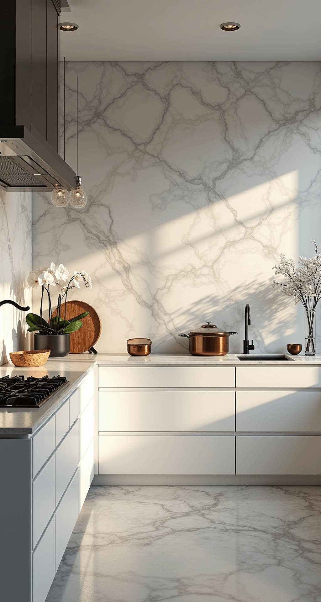 Elegant kitchen featuring a floor-to-ceiling Calacatta marble backsplash with dramatic grey veining, minimalist white cabinets, and contrasting matte black fixtures, all beautifully illuminated during golden hour.