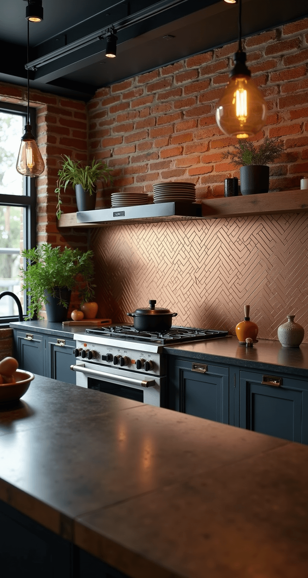 Industrial-chic kitchen at dusk with a brushed copper tile backsplash, black concrete countertops, and reclaimed wood open shelving, featuring exposed brick walls and modern stainless appliances, illuminated by track lighting that casts shadows on the geometric tile pattern, styled with vintage factory pendants, cast iron cookware, and trailing plants.