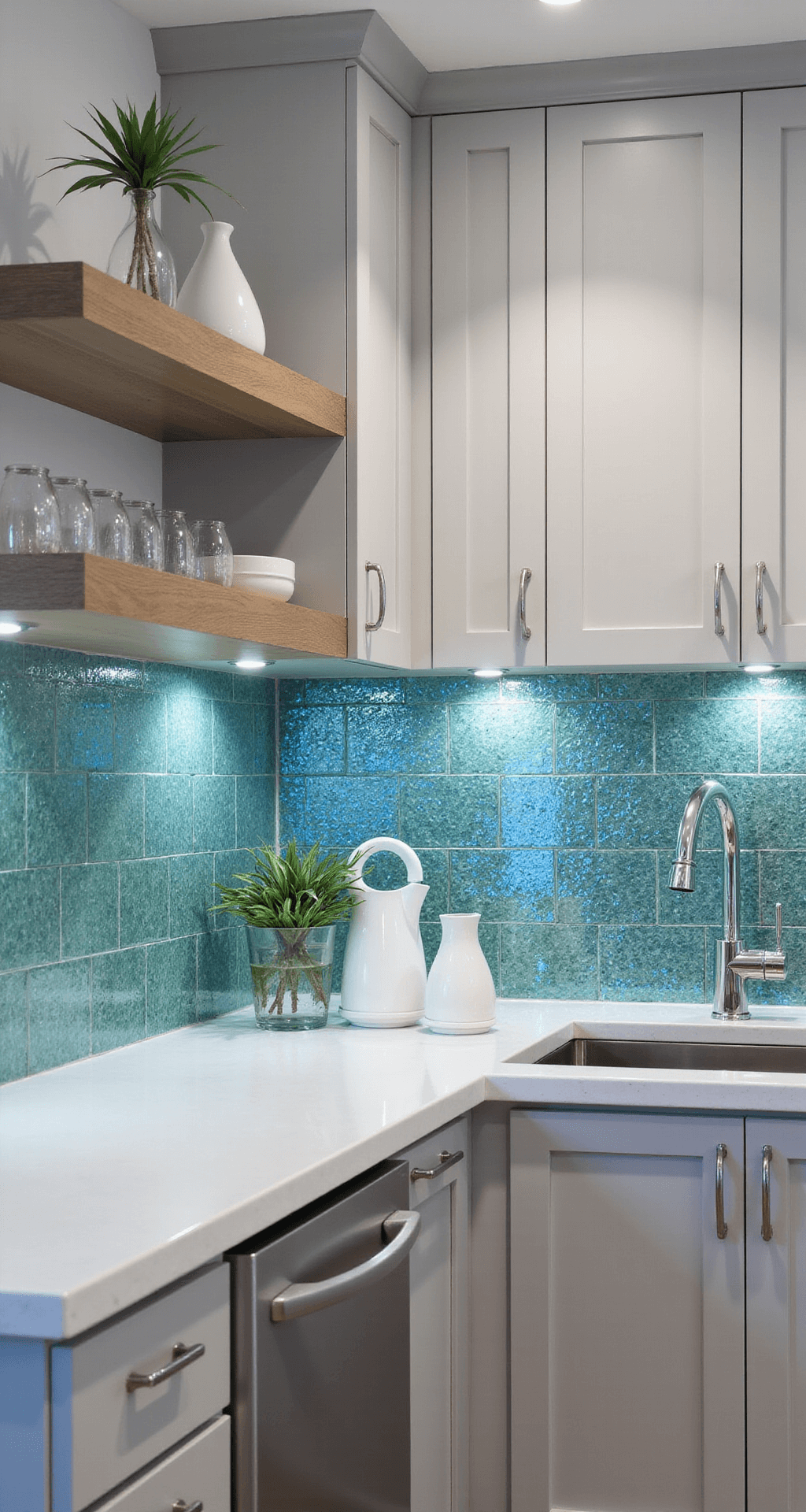 Aerial view of a contemporary L-shaped kitchen featuring iridescent glass mosaic backsplash in blue and green tones, white quartz countertops, and pale grey cabinets, illuminated by afternoon light and recessed lighting, with chrome fixtures and decorative glass vases.