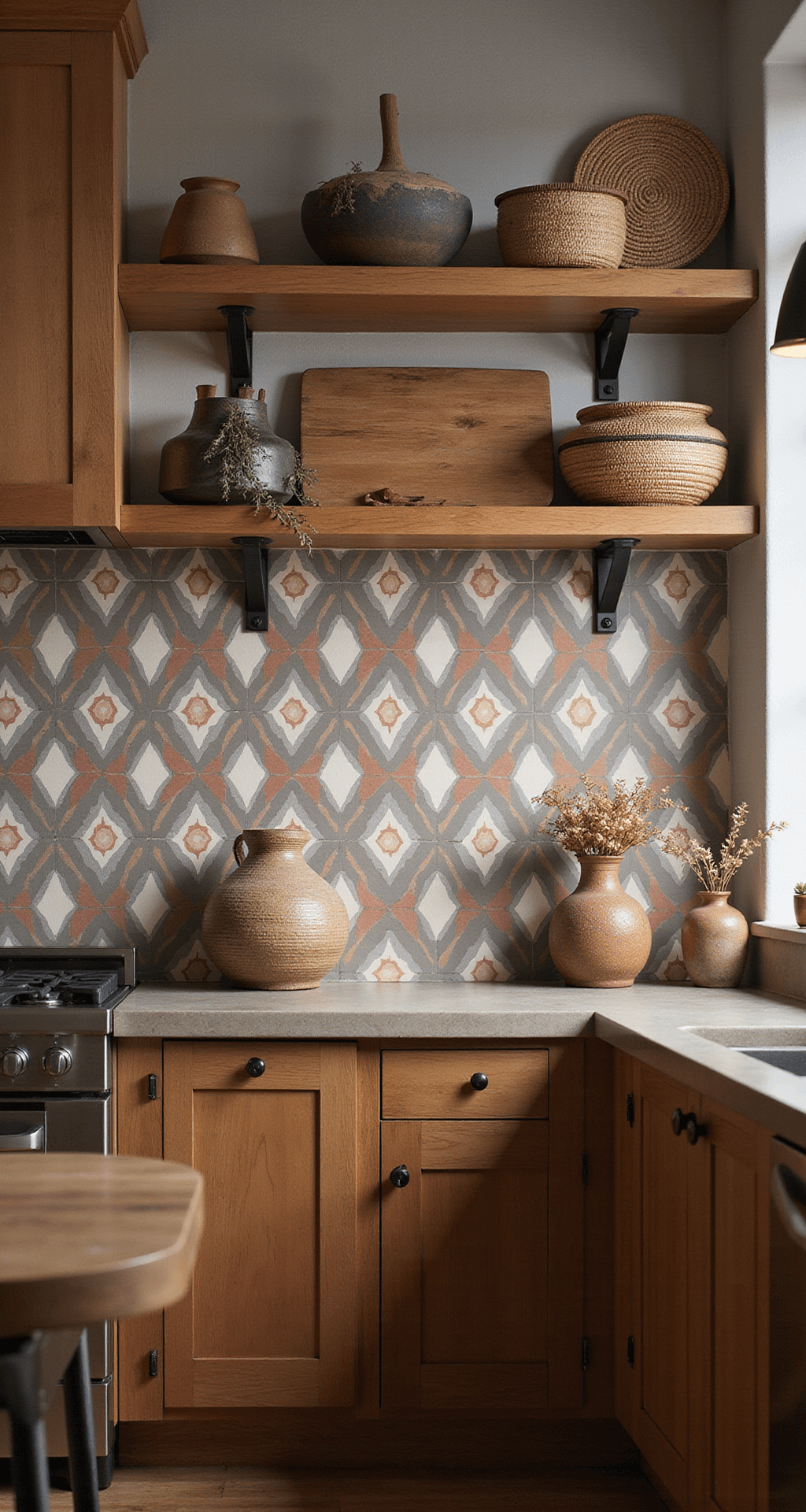 Rustic-modern kitchen featuring a hand-painted geometric backsplash in warm grey and terracotta, natural wood cabinets, and open shelving with artisanal pottery, captured at twilight with dramatic shadows from pendant lights.