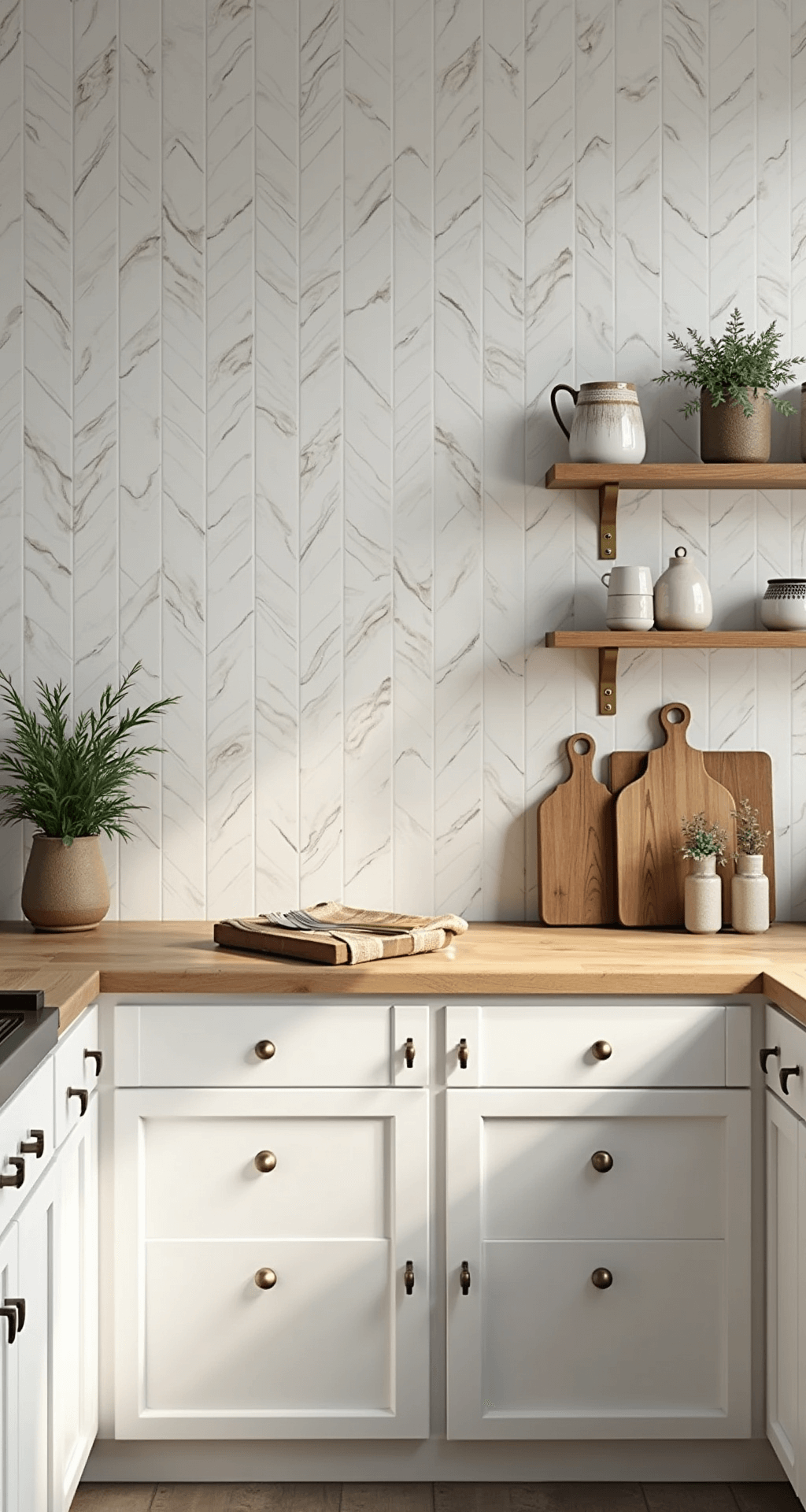 Budget-friendly kitchen with high-end peel-and-stick marble-look tiles on a 12-foot backsplash, featuring white shaker cabinets, butcher block counters, under-cabinet lighting, and brass hardware, styled with contemporary ceramics and potted herbs in morning light.
