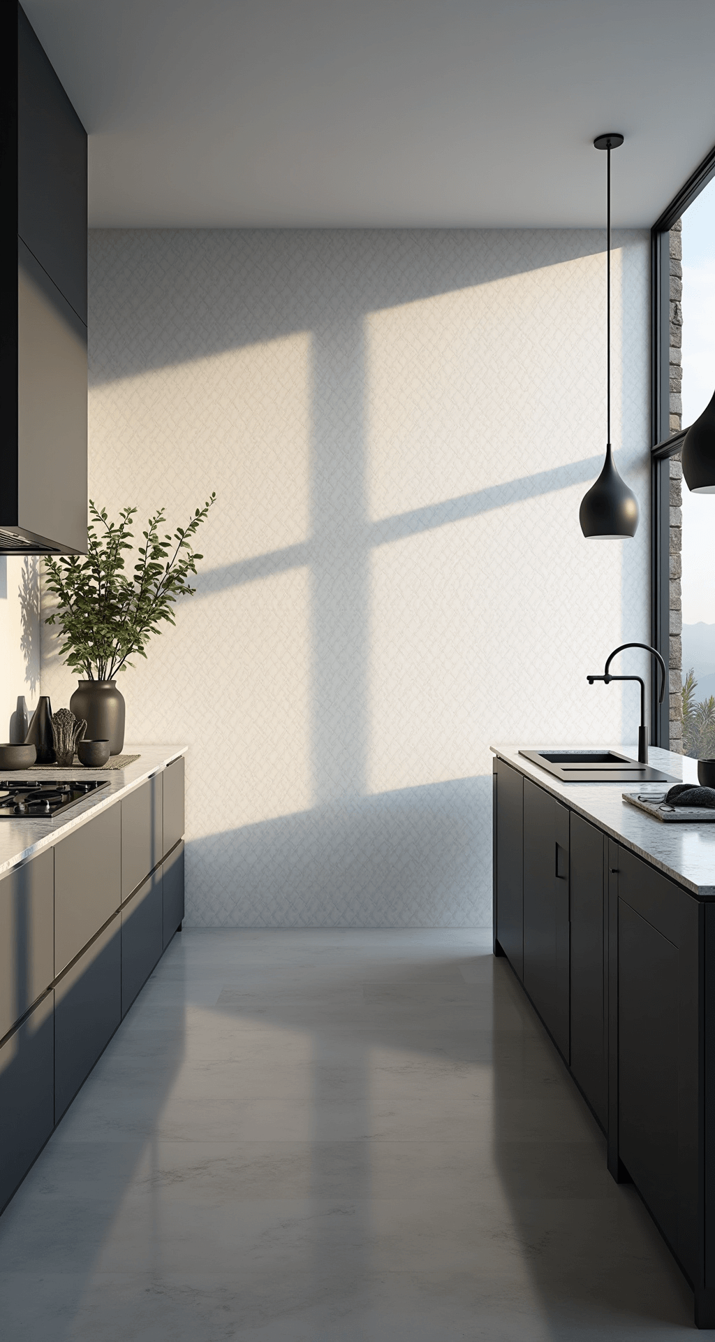 A minimalist kitchen featuring a textured soft white ceramic tile backsplash, large floor-to-ceiling windows casting soft blue hour light, sleek grey cabinets, honed granite counters, modern pendant lights, and styled with sculptural vessels and greenery.