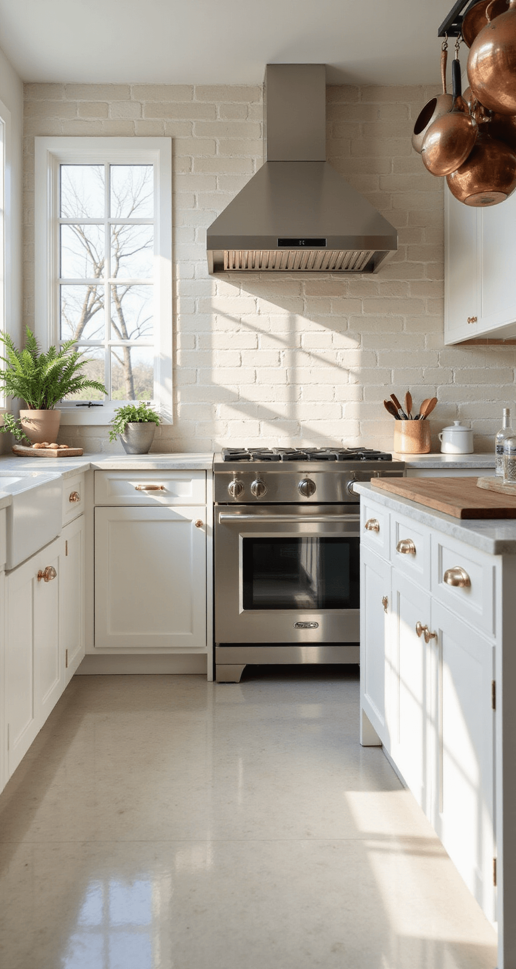 A modern kitchen with a bright, sun-drenched ambiance featuring a floor-to-ceiling handmade ceramic subway tile backsplash in warm ivory, Carrara marble countertops, a stainless steel range, white shaker cabinets, and copper cookware hanging from a rack, captured with shallow depth of field to emphasize tile texture.