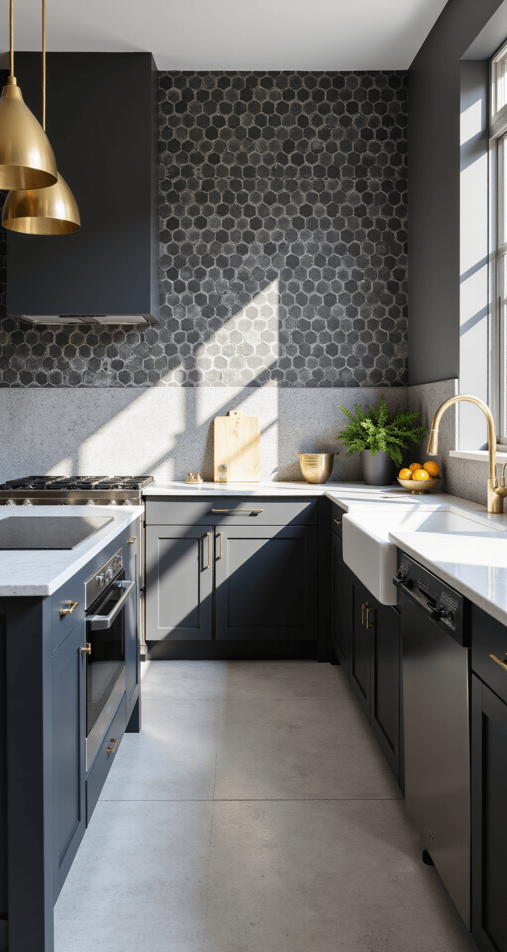 A contemporary angular kitchen with matte black and white hexagon tile backsplash, minimalist charcoal grey cabinets, a central island with a waterfall quartz countertop, and brass pendant lights, captured in late afternoon sunlight creating strong shadows.