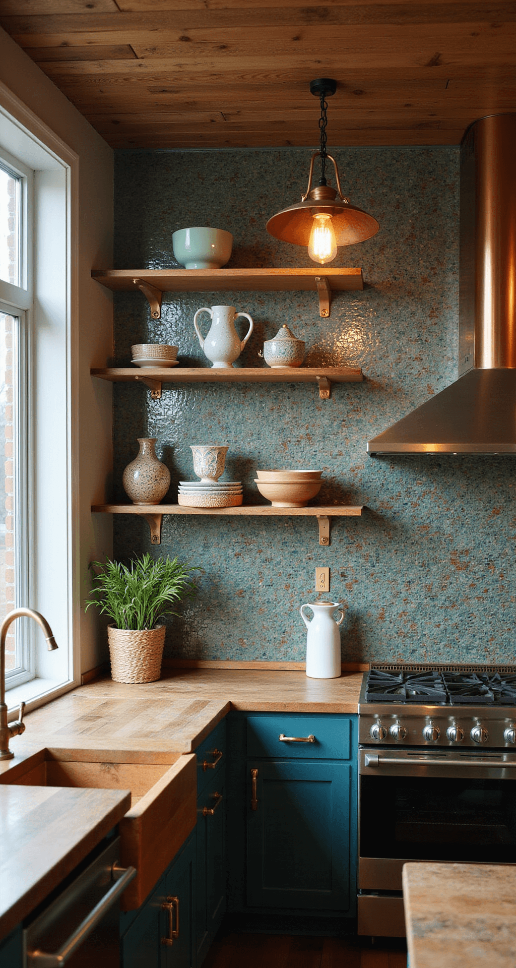 Aerial view of an intimate kitchen nook with a mosaic backsplash in teal, copper, and pearl tones, showcased during golden hour lighting. Open shelving with artisanal pottery, butcher block counters, and a vintage copper pendant light create a warm, inviting atmosphere.