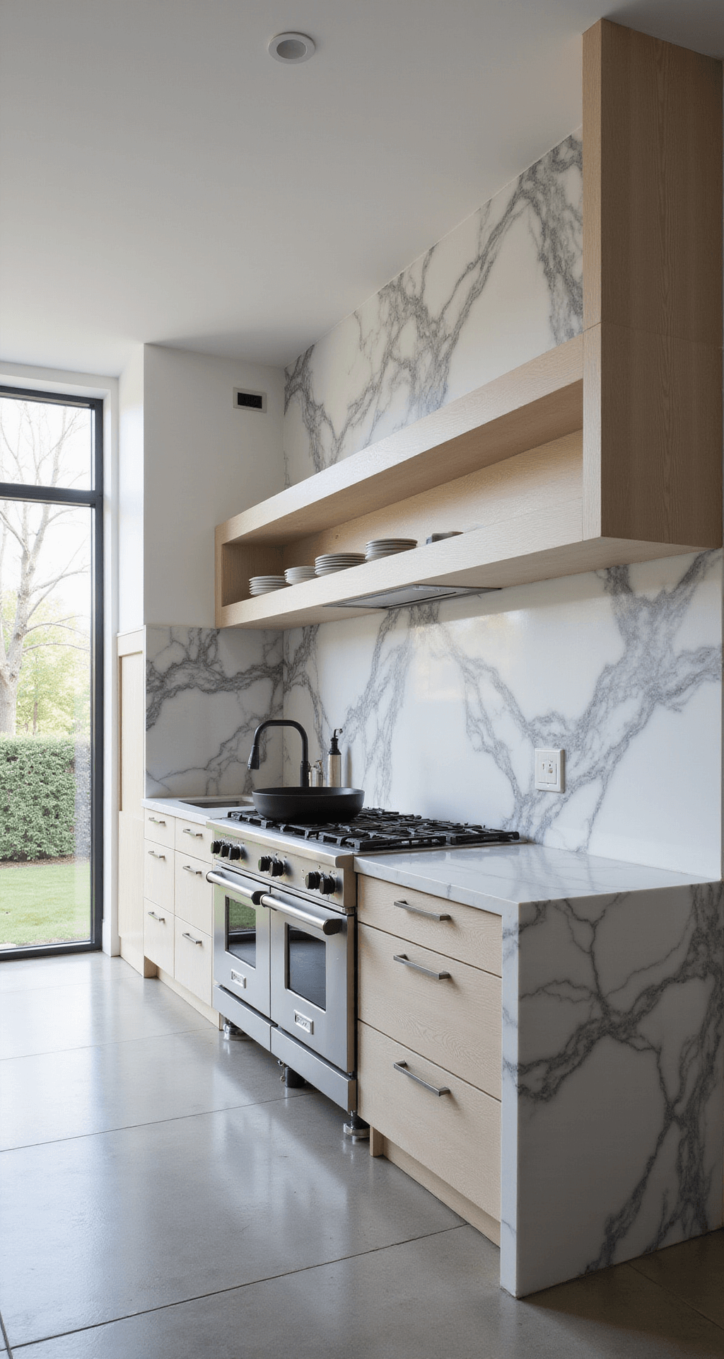 Expansive modern kitchen with a book-matched marble backsplash, white oak shelves, matte black fixtures, and gunmetal appliances, beautifully lit by soft afternoon light.