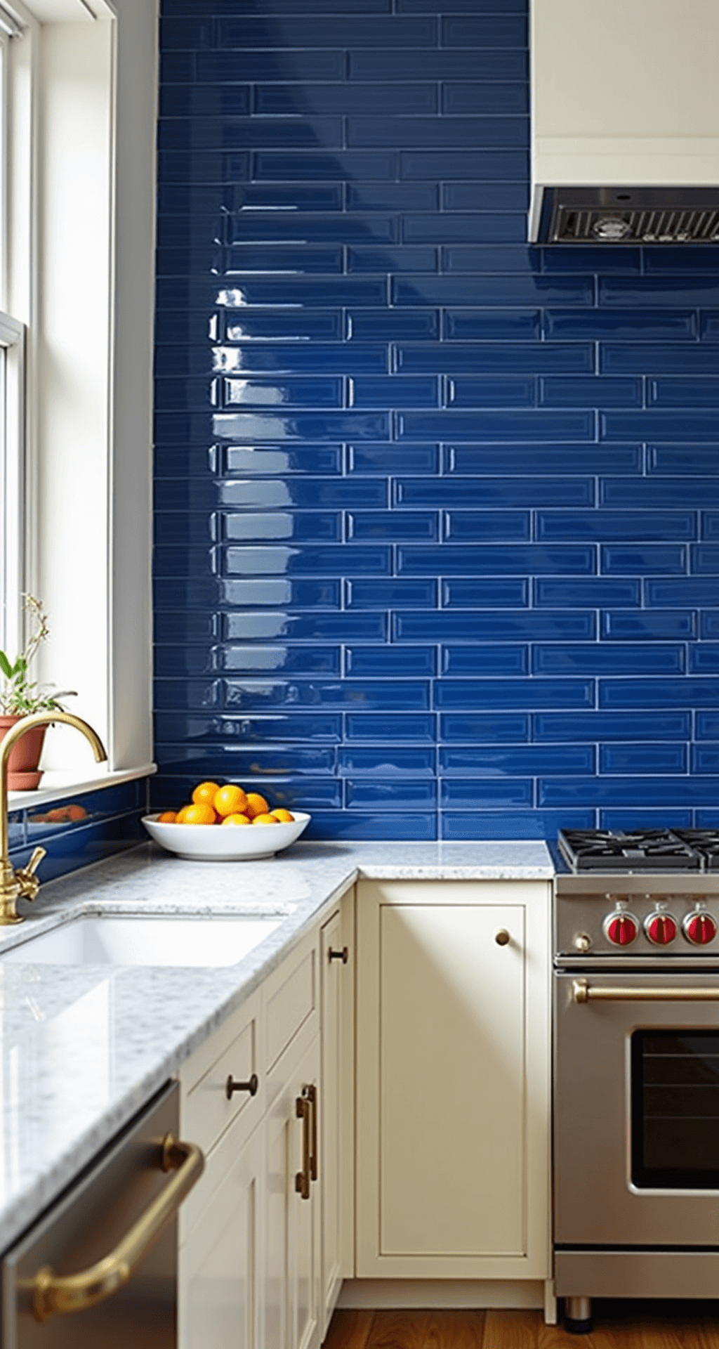 Vibrant kitchen with cobalt blue tile backsplash, white quartz countertops, and cream cabinets, featuring brass hardware and citrus fruits in a ceramic bowl, illuminated by mid-morning light and studio lighting.