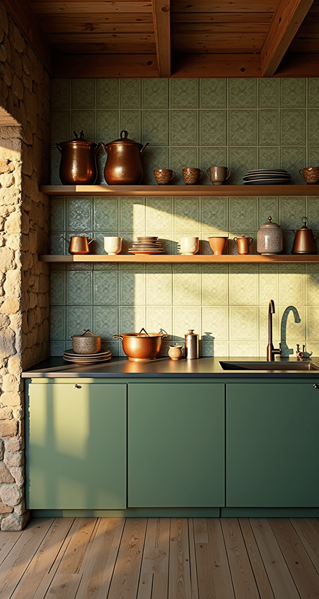 Rustic-modern kitchen with handmade soft sage green zellige tiles, reclaimed wood open shelving with artisanal ceramics, vintage copper pots, and dark soapstone counters, photographed at golden hour with soft lighting and subtle shadows.