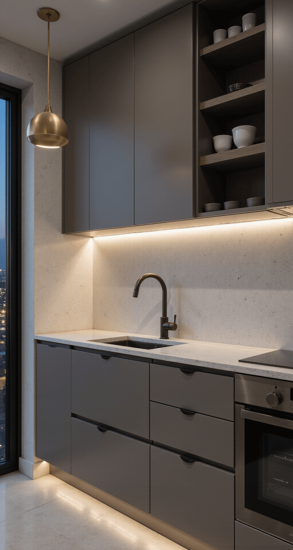 Elevated view of a compact urban kitchen with pale grey quartz backsplash, evening city lights visible through the window, under-cabinet LED lighting, dove grey handleless cabinets, and a brushed gold pendant light, captured with a 35mm lens.