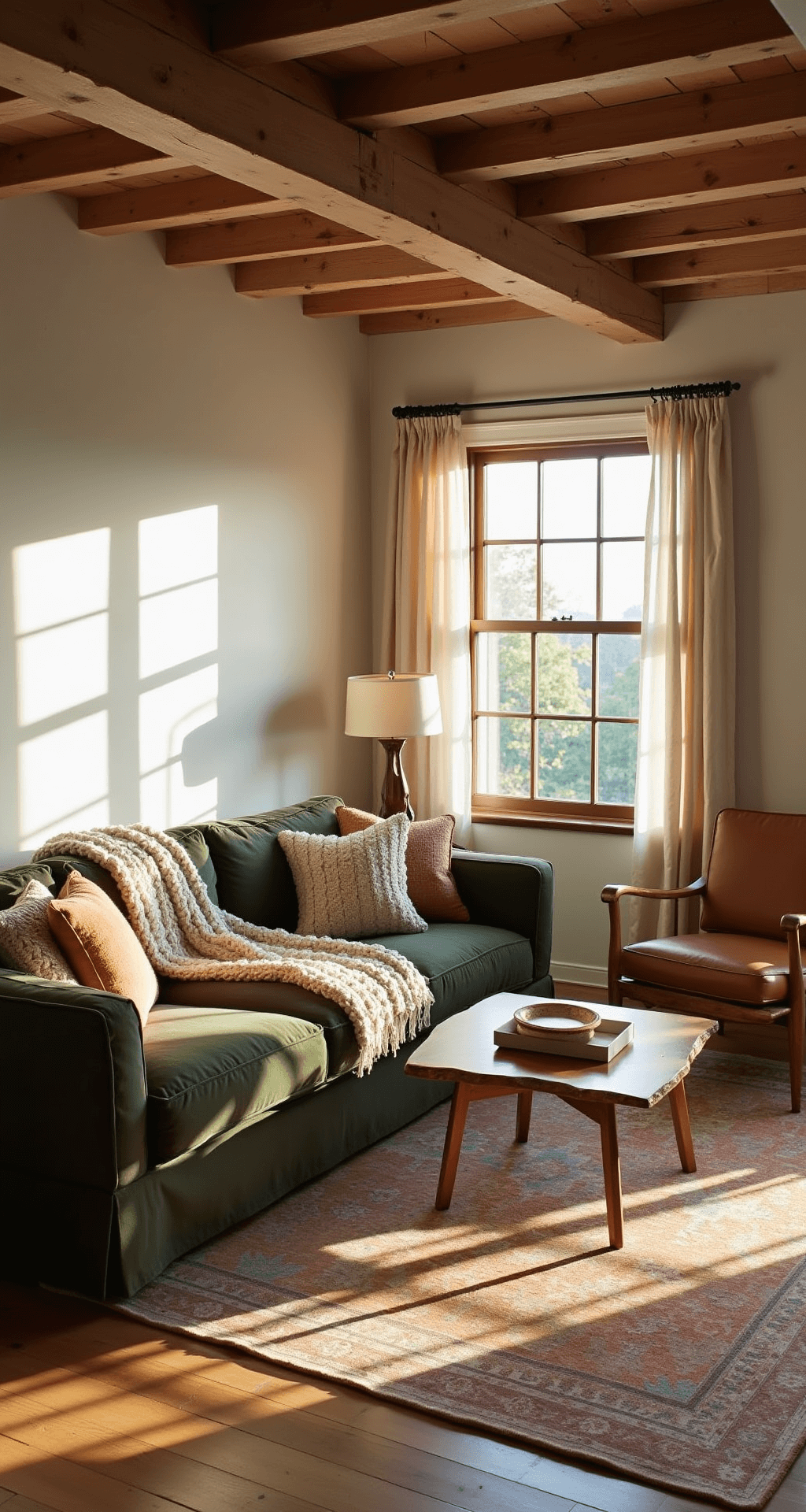 A sunlit living room with exposed wooden beams and a vintage brass pendant light, featuring a deep olive green velvet sectional adorned with chunky knit throws, layered Persian rugs on wide-plank oak flooring, and a weathered leather armchair beside a raw edge walnut side table with a ceramic lamp, all enhanced by natural light filtering through sheer linen curtains.