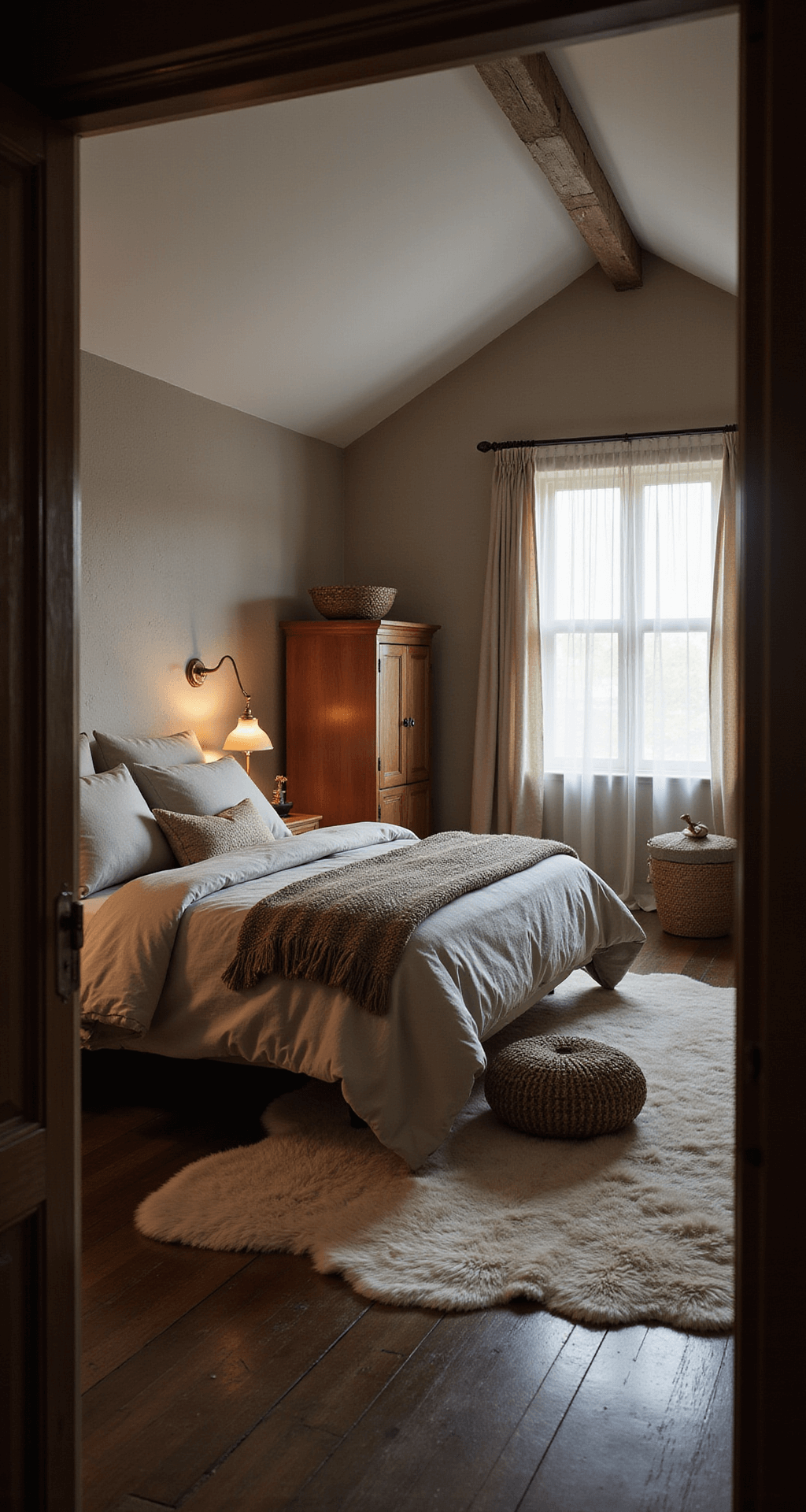 Intimate bedroom scene at dusk featuring a king-sized bed with rumpled oatmeal and stone gray bedding, warm light from vintage brass sconces, dark hardwood floors with layered rugs, a handcrafted oak armoire, and soft evening light filtering through gauzy curtains.