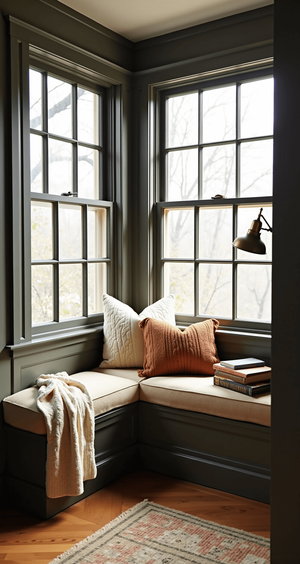 A bird's eye view of a cozy reading nook featuring an 8x8ft alcove with a built-in window seat, surrounded by natural light from gridded windows. Stacked vintage books rest on the seat, adorned with overstuffed bouclé cushions and chunky cream and caramel cable-knit throws. An aged brass reading lamp is mounted on paneled walls, while herringbone hardwood floors are partially covered by a plush Moroccan rug, creating a warm, contemplative atmosphere in late morning light.