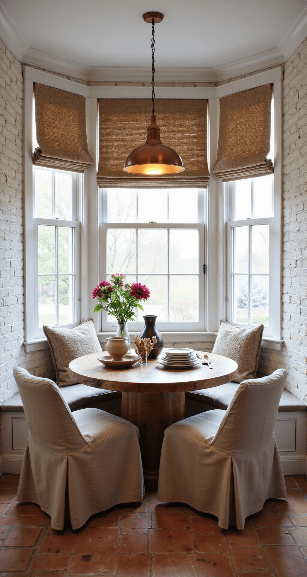 A cozy kitchen breakfast nook at dawn featuring a rounded bay window with white-washed brick walls, a rustic round pedestal table in reclaimed pine, and slipcovered chairs in natural linen. The scene is illuminated by a warm copper pendant light, showcasing vintage ceramics and fresh flowers, with a woven roman shade softly filtering the morning light and worn terra cotta tiles underfoot, creating an atmosphere of quiet warmth.