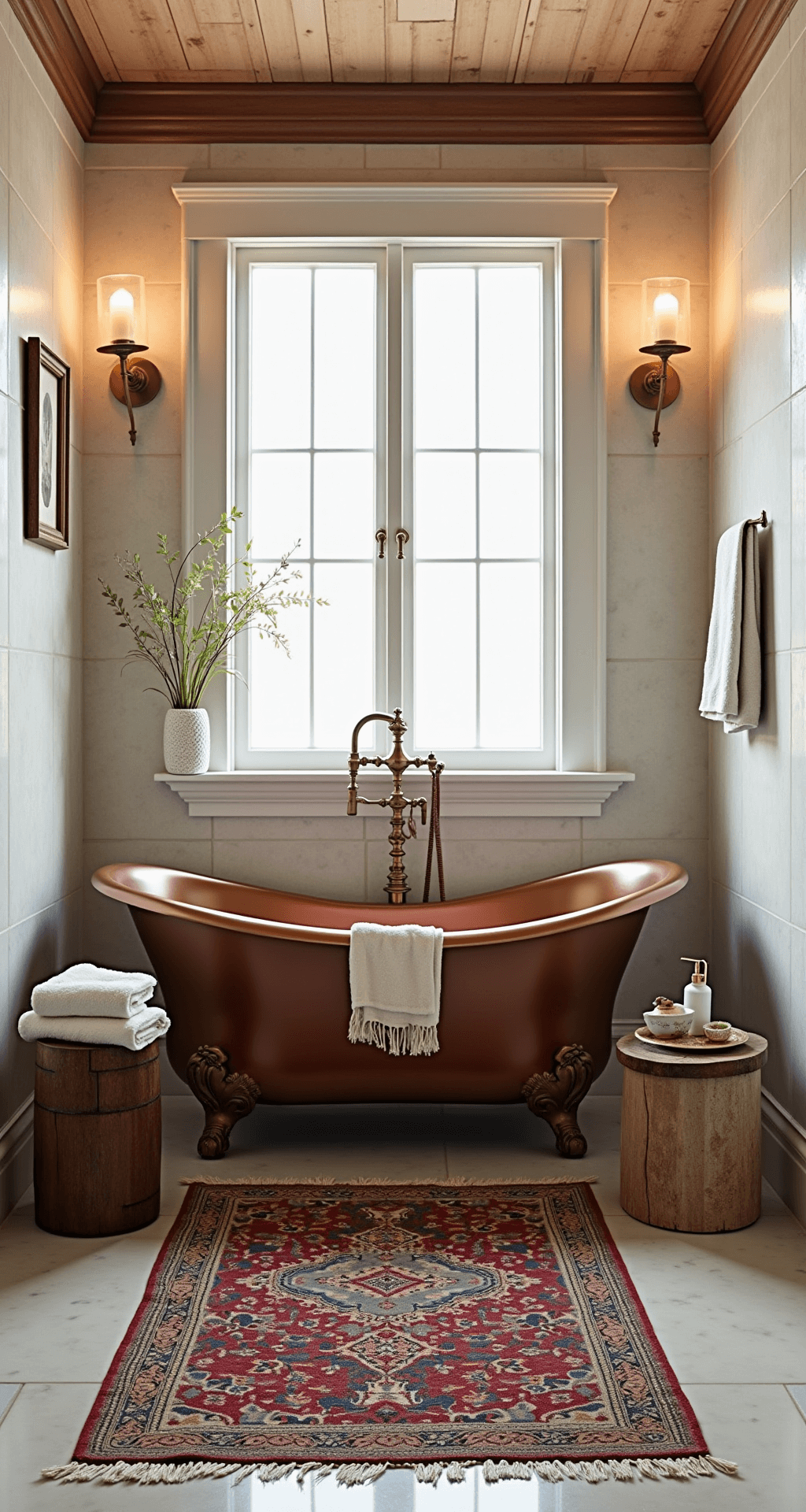 A serene master bathroom featuring a standalone copper soaking tub, illuminated by afternoon light streaming through frosted windows, on warm white handmade zellige tiles. Vintage Turkish rugs overlay heated limestone floors, with a weathered wood stool displaying artisanal soaps and linen towels. Patina'd brass fixtures and wall-mounted candle sconces contribute to the spa-like ambiance.
