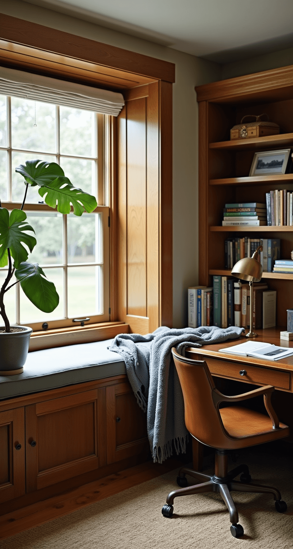 A cozy home office nook featuring built-in oak shelving, a window seat, and an antique burnished walnut desk illuminated by afternoon light. A vintage leather chair and heathered gray wool throw add warmth, while a brass task lamp and a natural fiber rug enhance the scholarly and creative ambiance, complemented by collected objects and books.