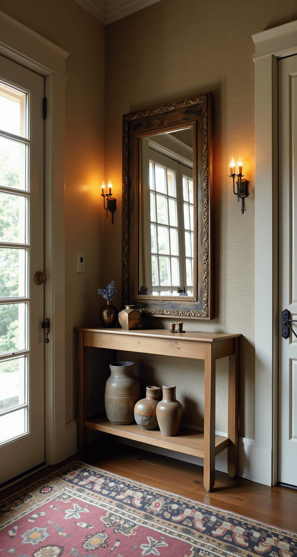 A warm and inviting entryway featuring a vintage distressed oak console, an oversized antique mirror with bronzed patina reflecting light from wall sconces, and a hand-knotted runner in faded jewel tones. The space is accented with collected ceramic vessels and brass objects against textured grasscloth wallpaper, all illuminated by late afternoon light casting dramatic shadows.