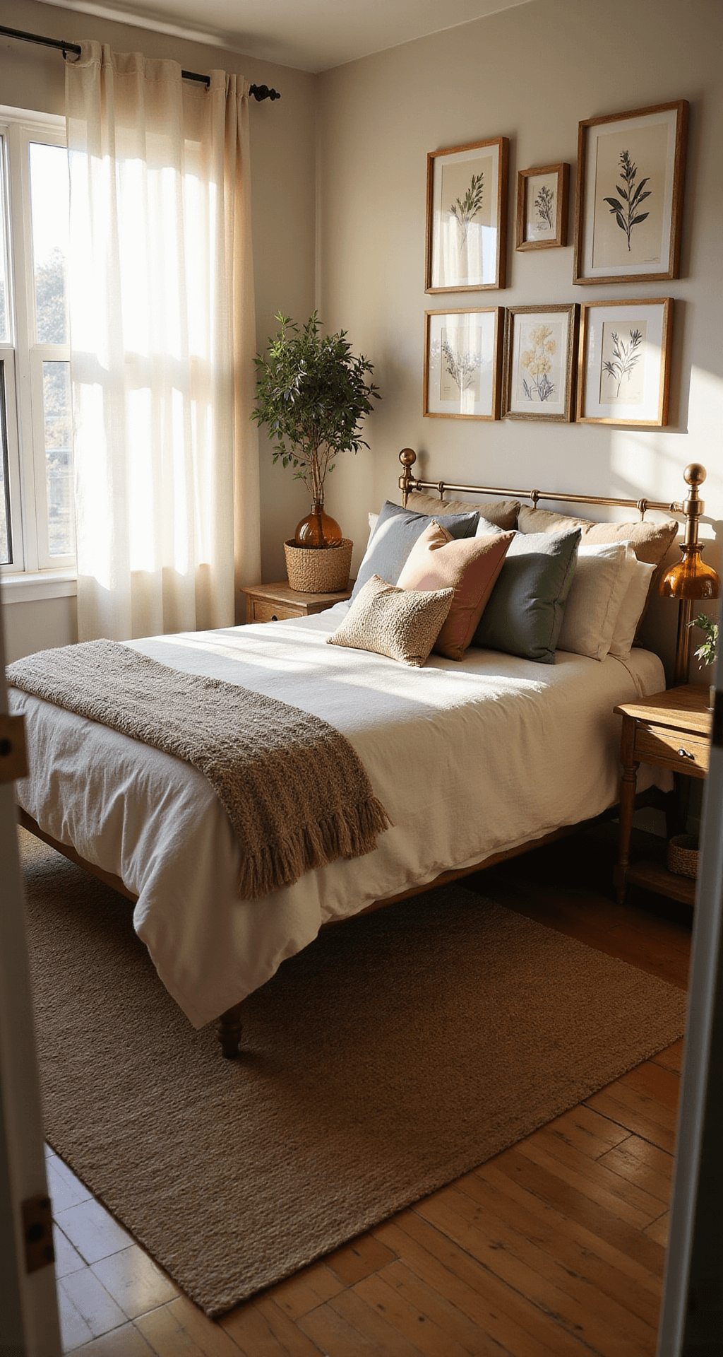 A cozy bedroom with a queen bed framed in weathered brass, layered with cream and oatmeal bedding, illuminated by golden hour light through sheer curtains. Distressed oak nightstands with amber glass lamps, botanical prints on the walls, and natural textures like a jute rug and potted olive tree create a warm, inviting atmosphere.